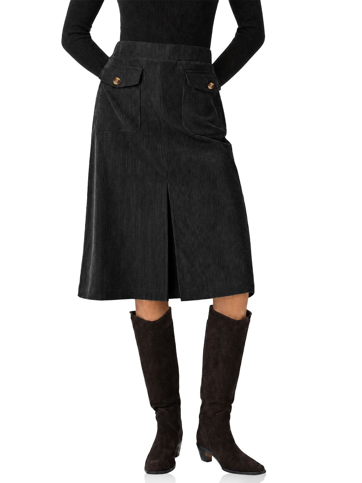 Womens Black Corduroy Midi Skirt | CicyBell