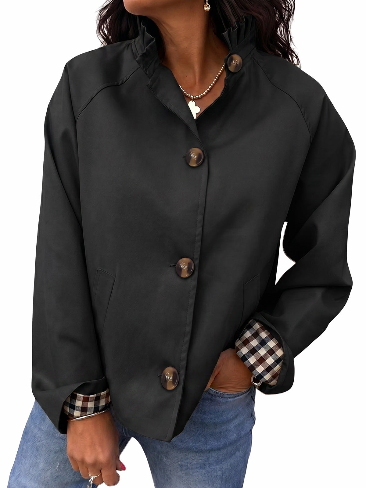 Womens Black Ruffle Short Trench Coat | CicyBell