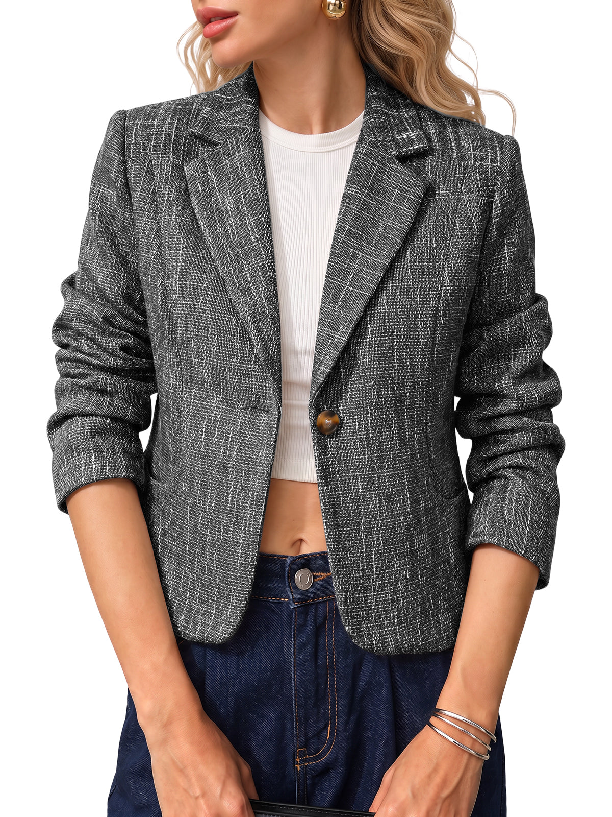 Womens Black&White Collared Cropped Blazers | CicyBell