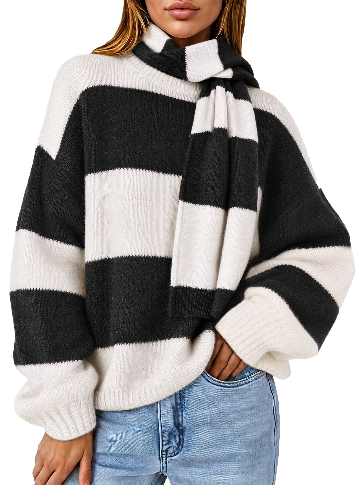 Womens Black&White Long Sleeve Knit Sweaters | CicyBell