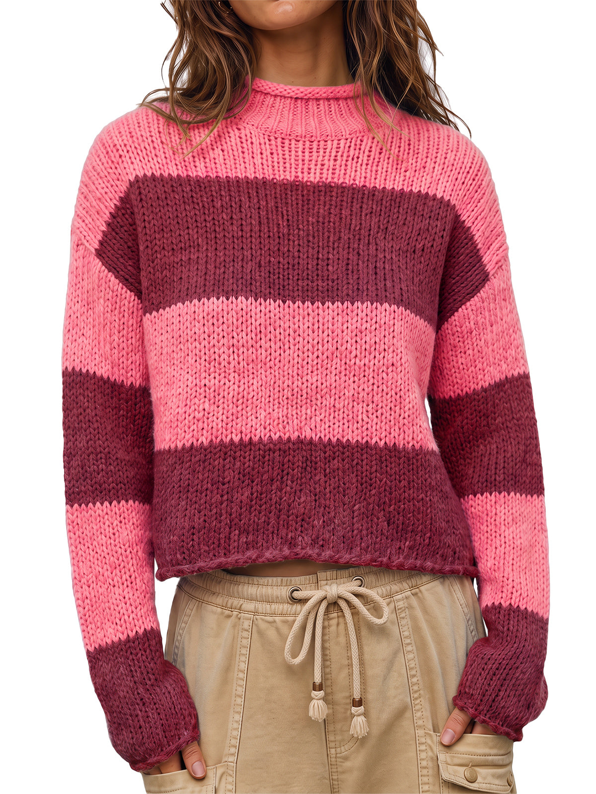 Womens Striped Burgundy Mock Neck Sweater | CicyBell