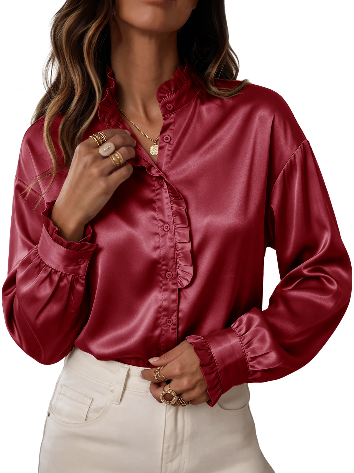 Womens Burgundy Satin Button Down Shirts | CicyBell
