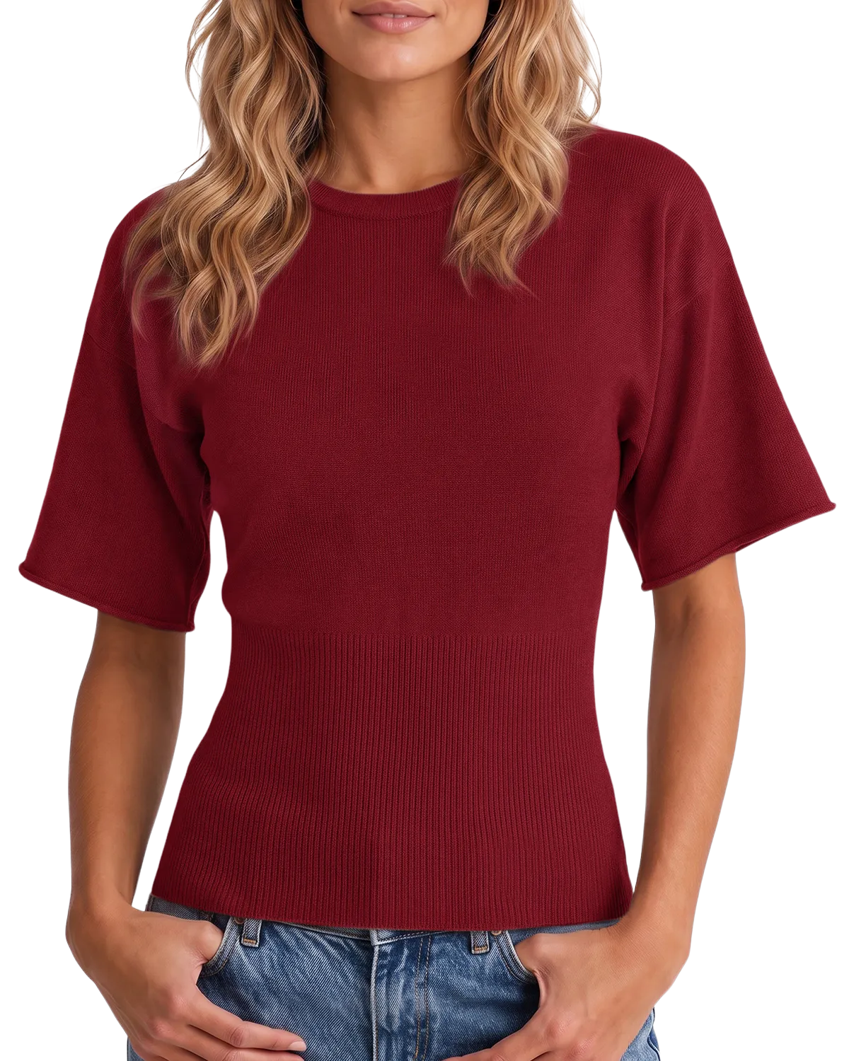 Womens Burgundy Cinched Waist Crop Sweater | CicyBell