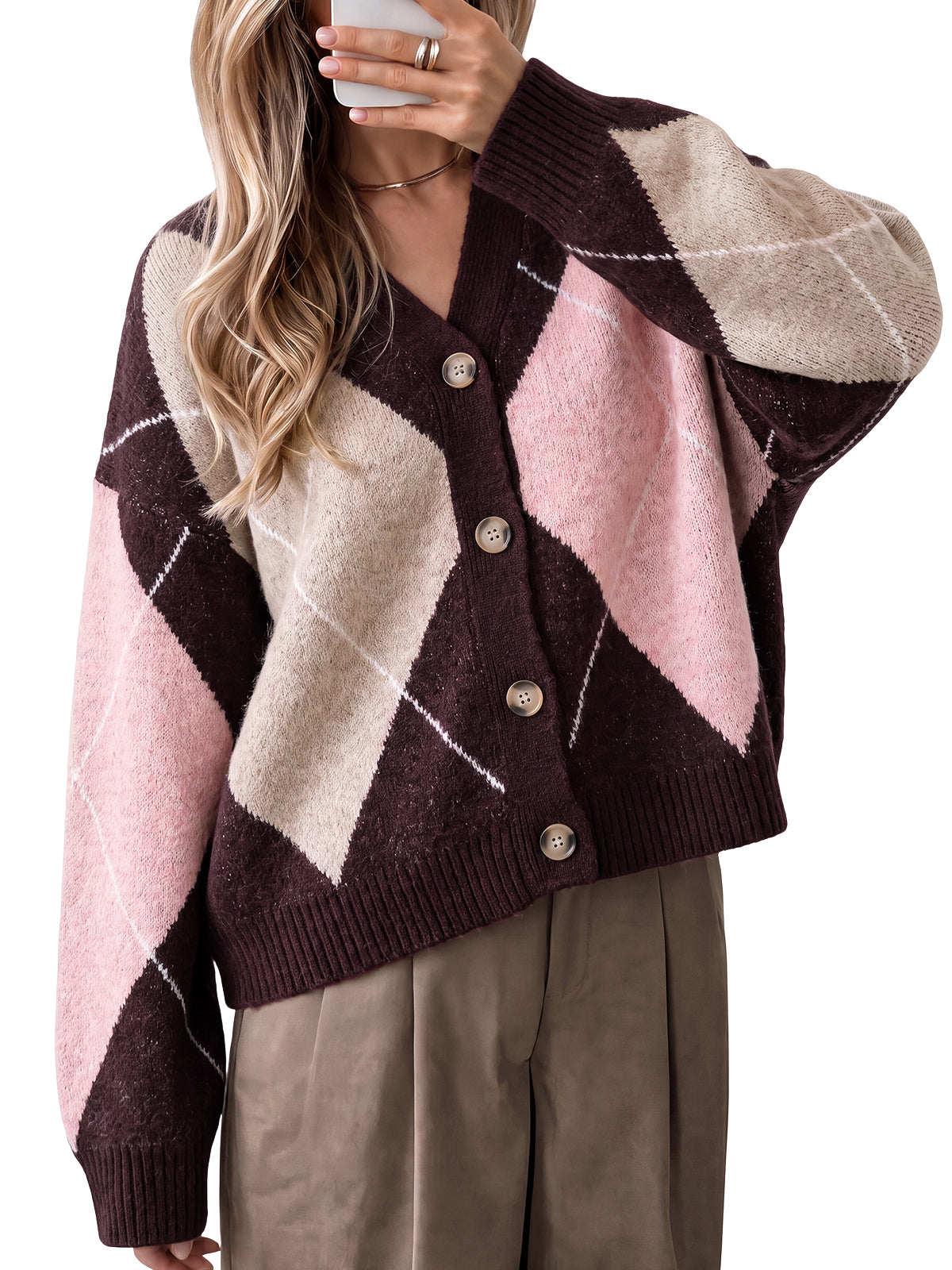 Women Burgundy Plaid Color Block Cardigan | CicyBell