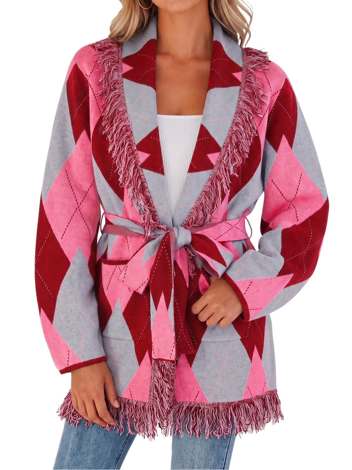 Womens Burgundy Fringe Argyle Cardigans Sweaters | CicyBell