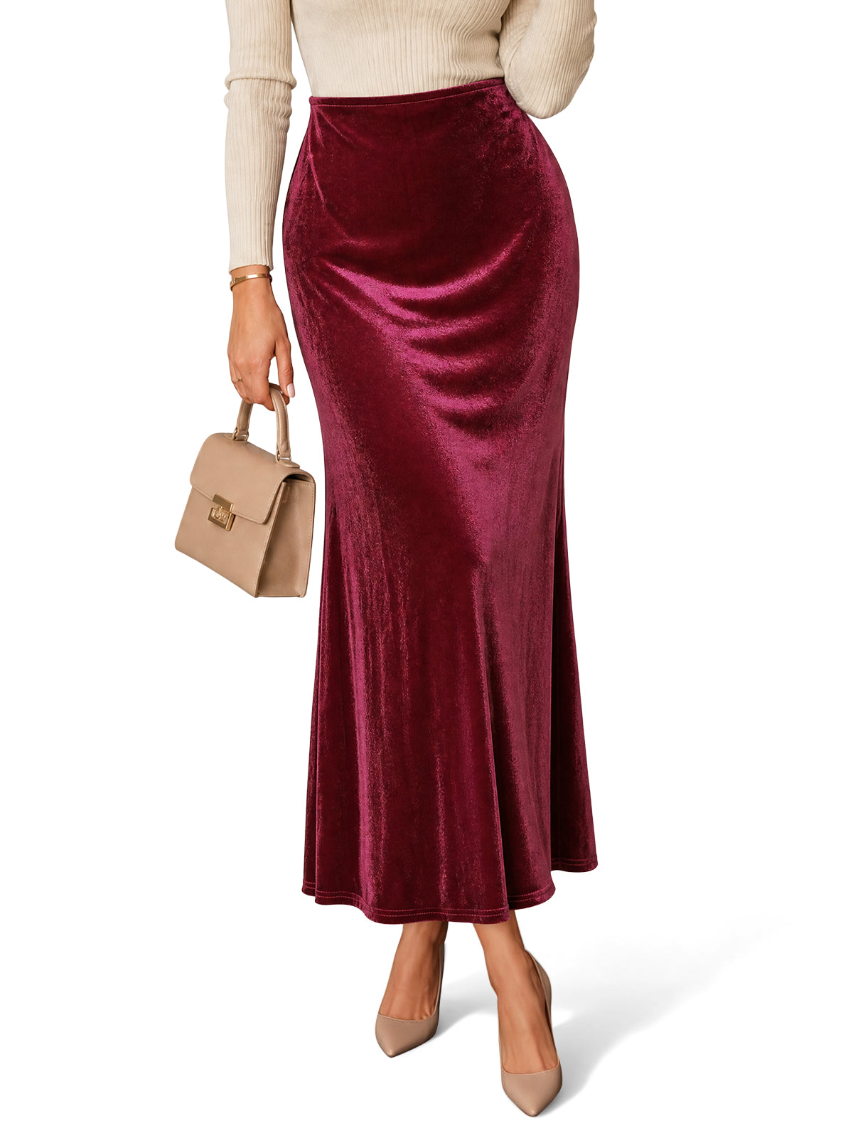 Womens Burgundy Velvet Maxi Skirt | CicyBell