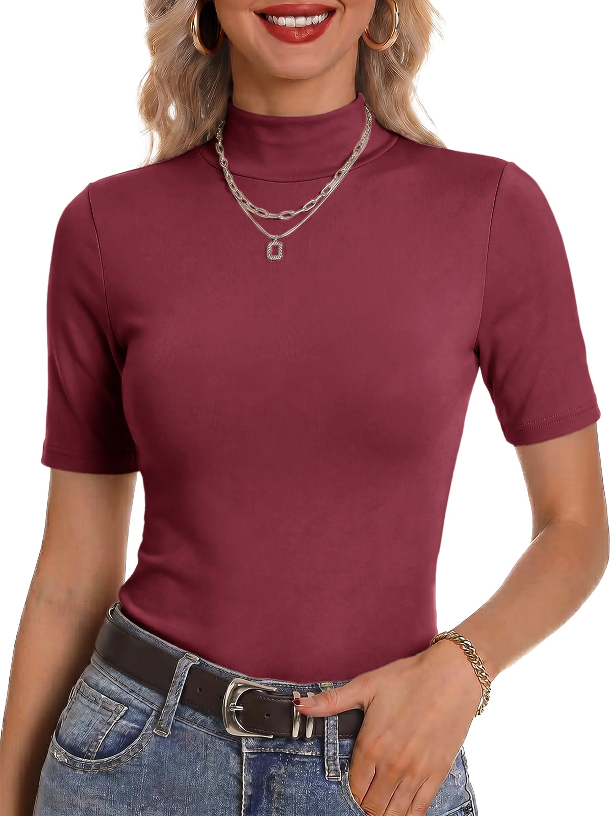 Womens Burgundy Mock Turtleneck Tops | CicyBell