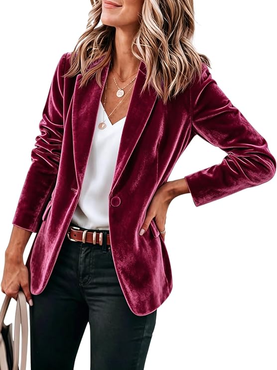Womens Burgundy Casual Velvet Blazer | CicyBell