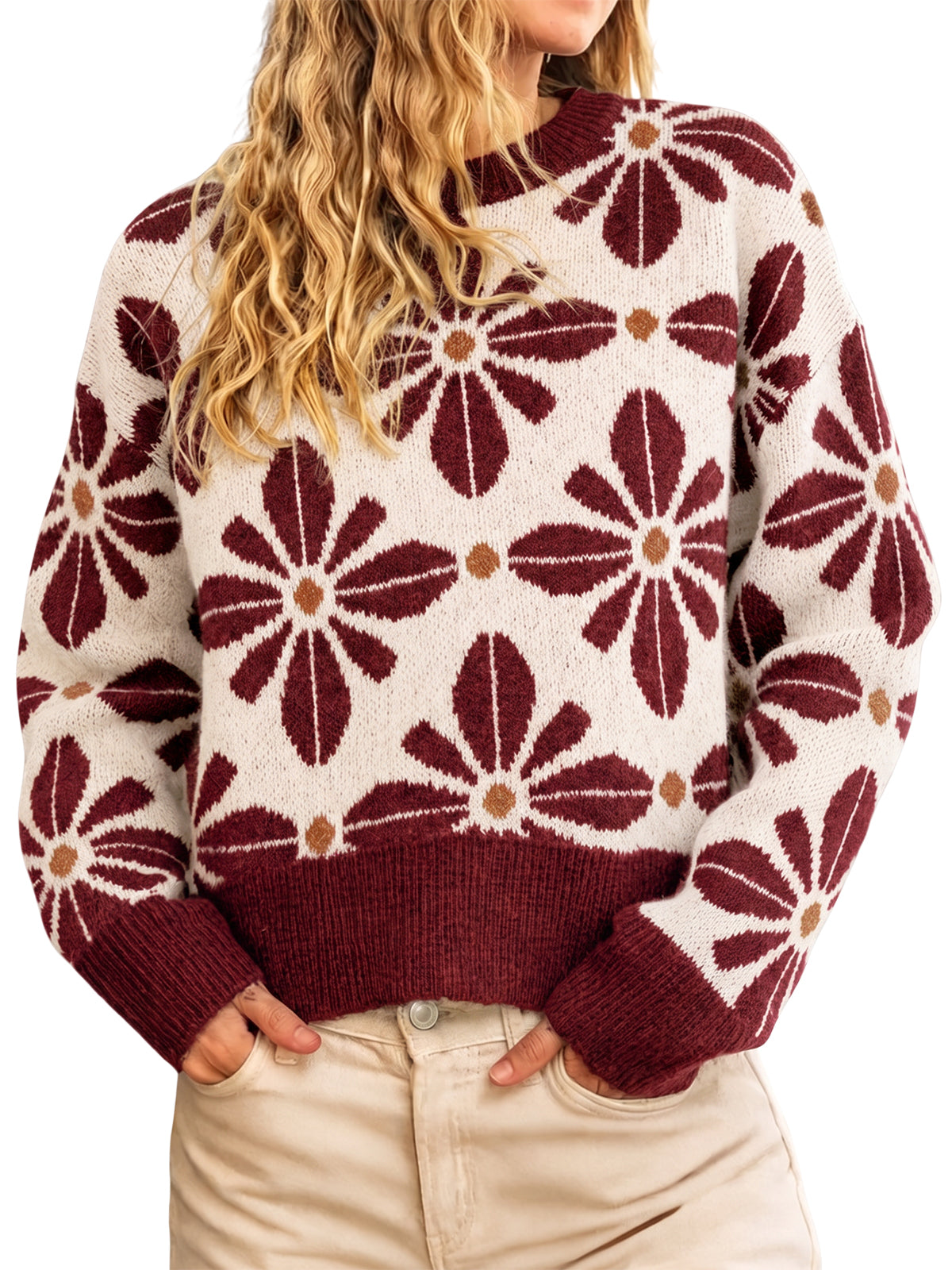 Womens Burgundy Long Sleeve Floral Sweater | CicyBell