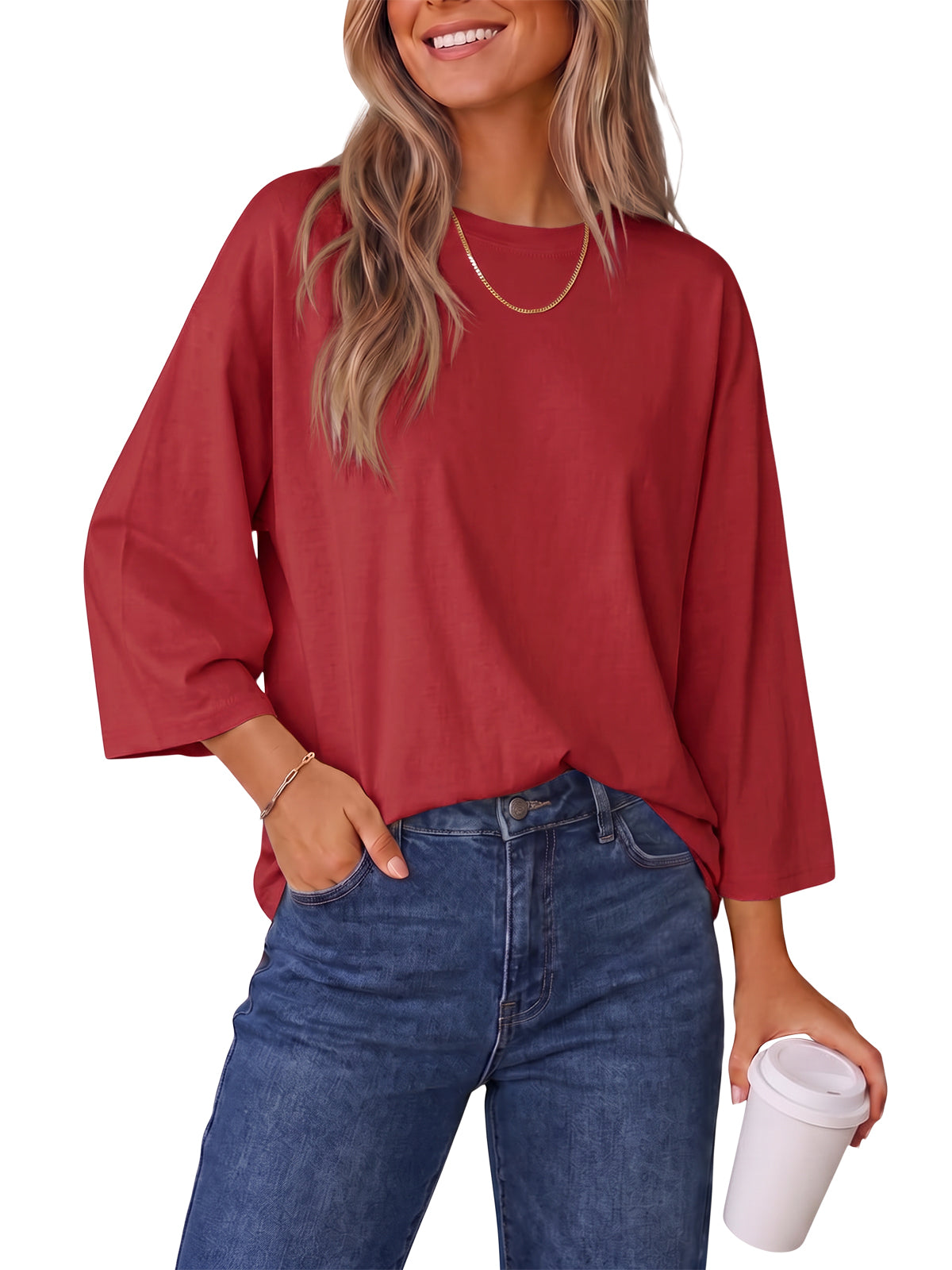 Womens Burgundy 3/4 Sleeve T Shirts | CicyBell