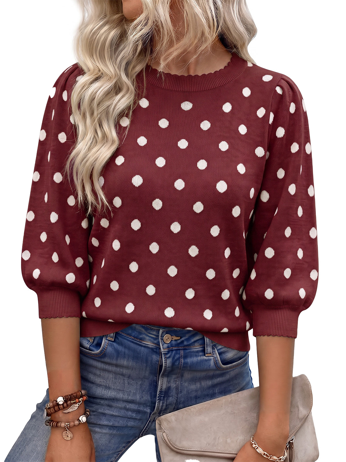 Womens Burgundy 3/4 Puff Sleeve Sweaters | CicyBell