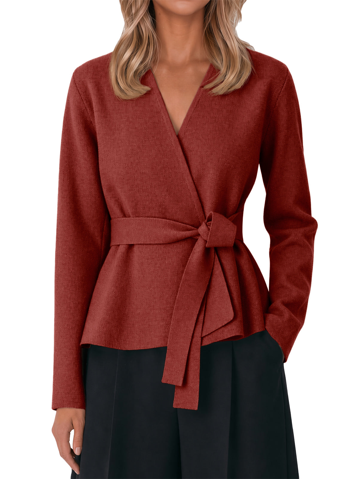 Womens Wine Red Belted Cardigan Sweater | CicyBell