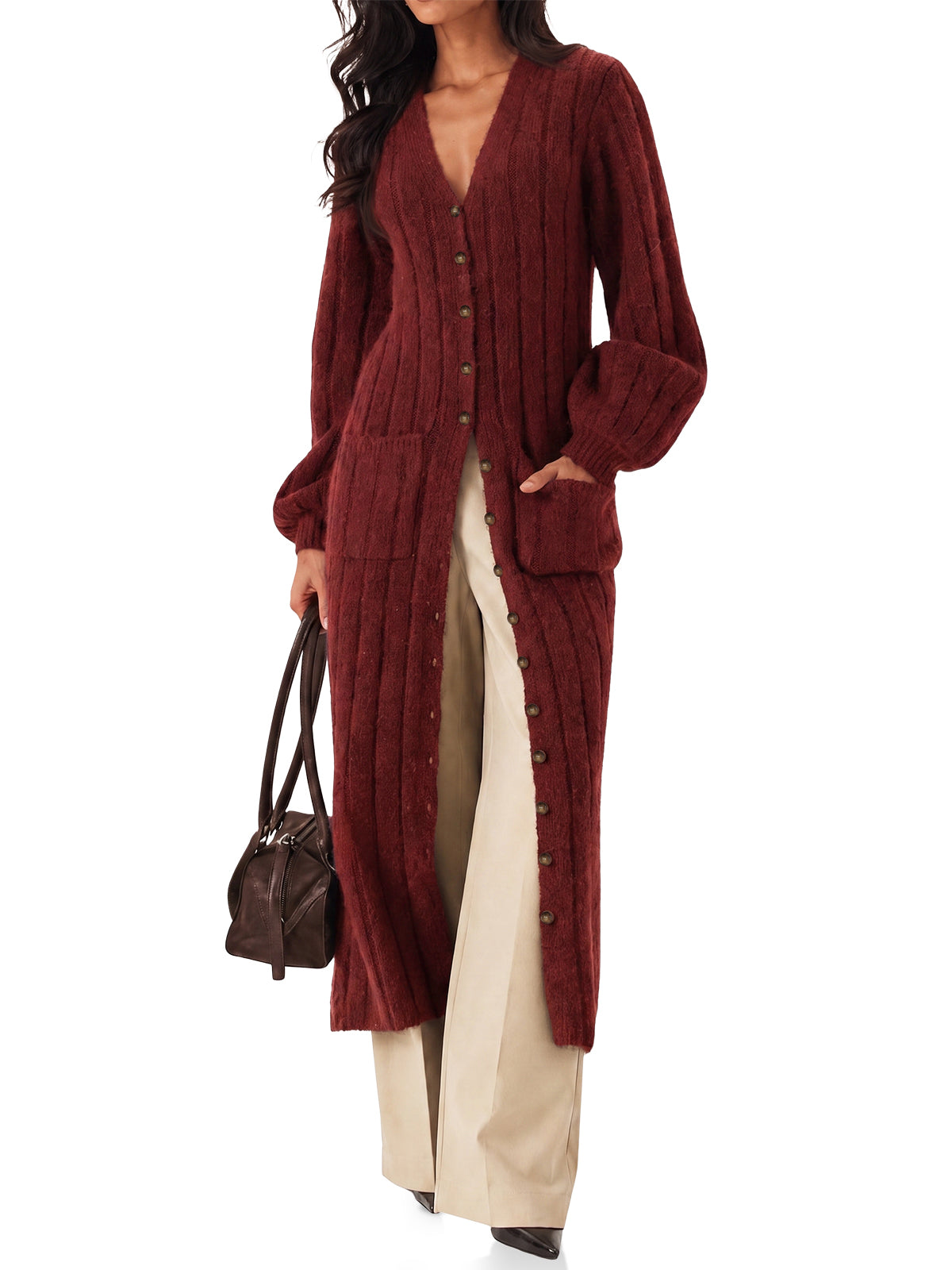 Womens Burgundy Long Cardigan Sweaters | CicyBell