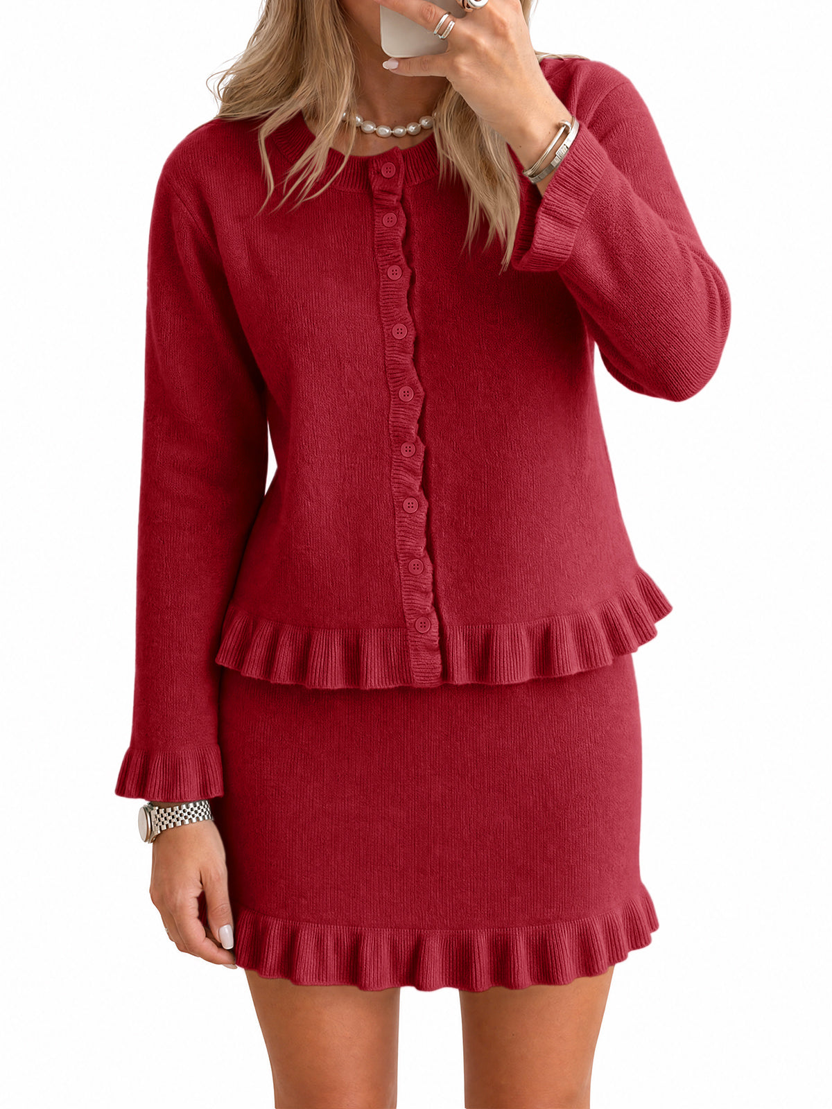 Womens Burgundy 2 Piece Sweater Skirt Set | CicyBell