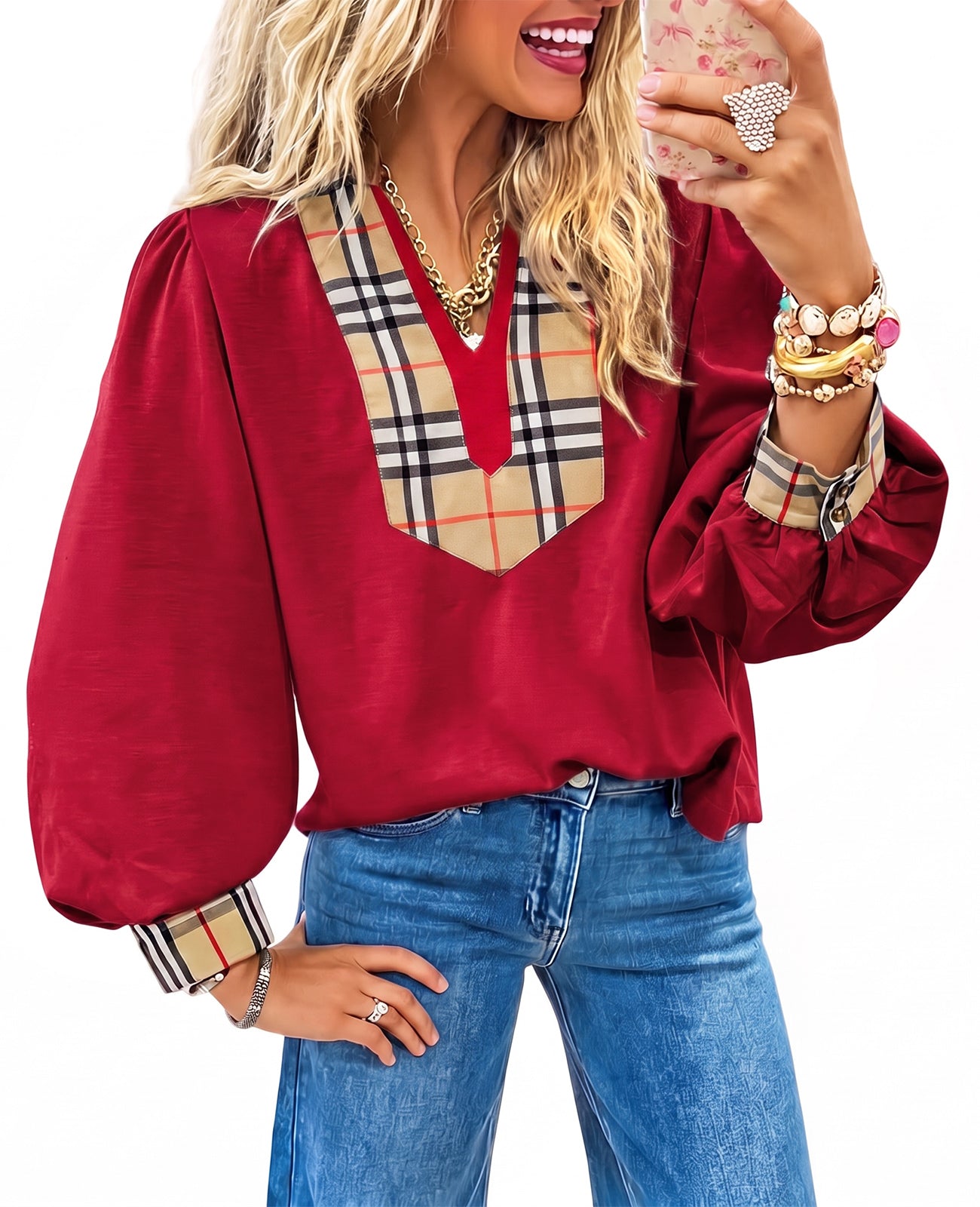 Womens Burgundy Puff Long Sleeve Blouse | CicyBell