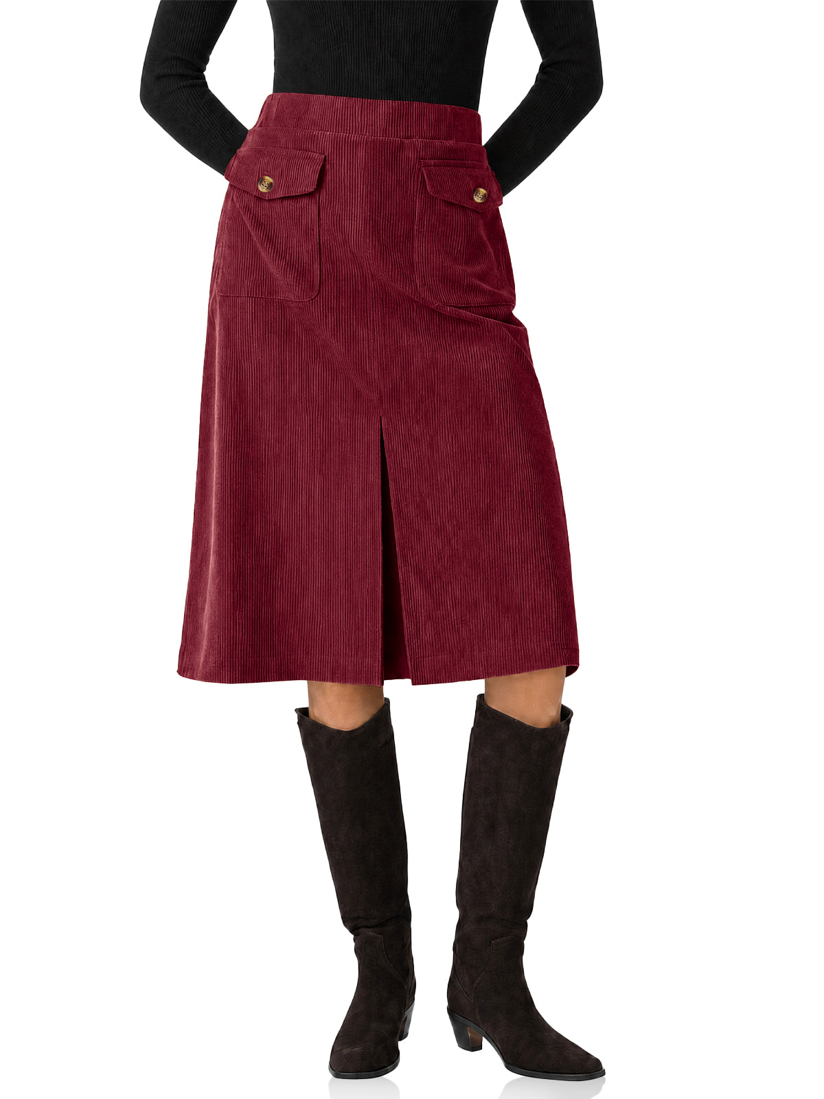 Womens Burgundy Corduroy Midi Skirt | CicyBell
