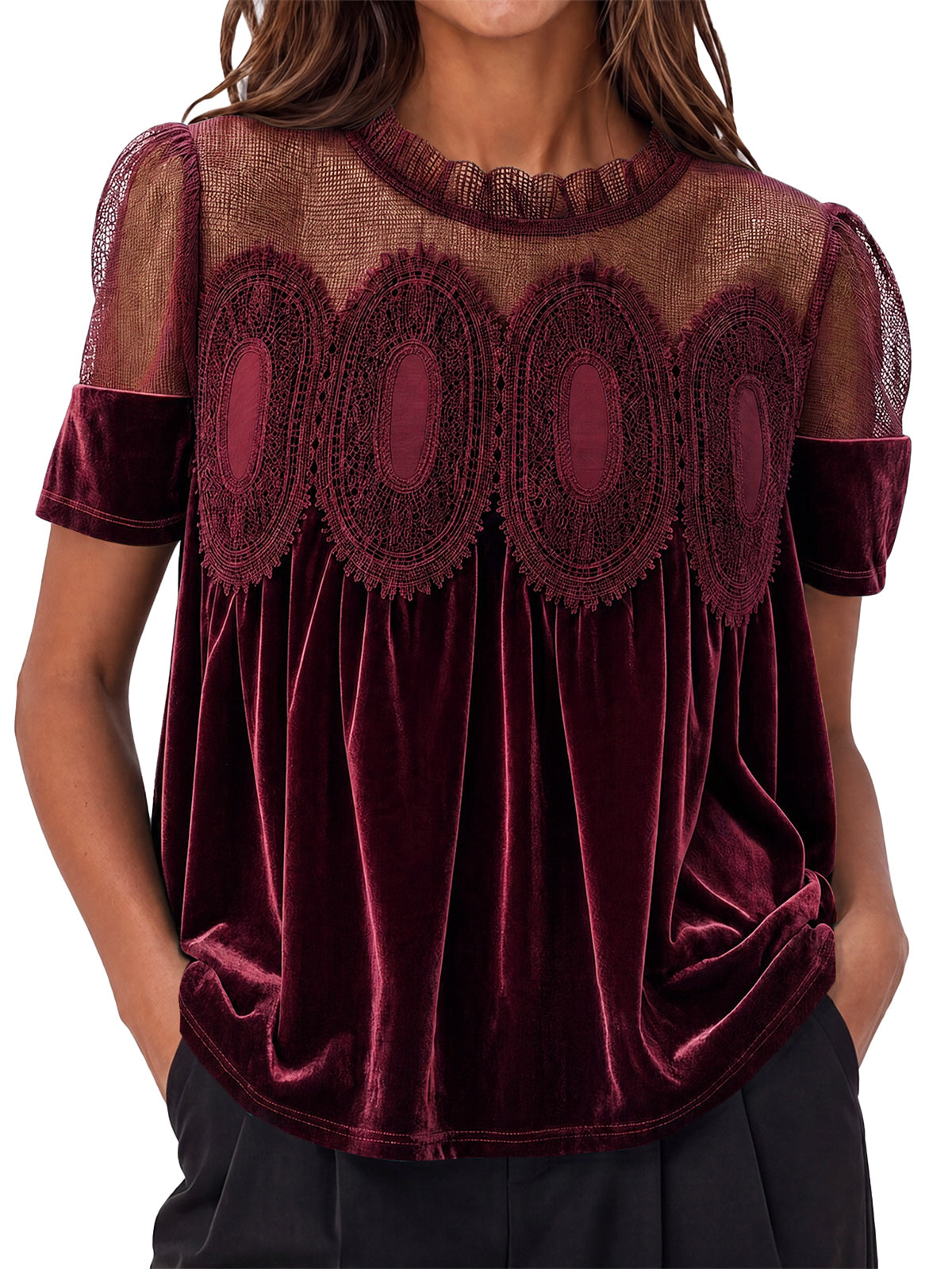 Womens Burgundy Velvet Lace Tops | CicyBell