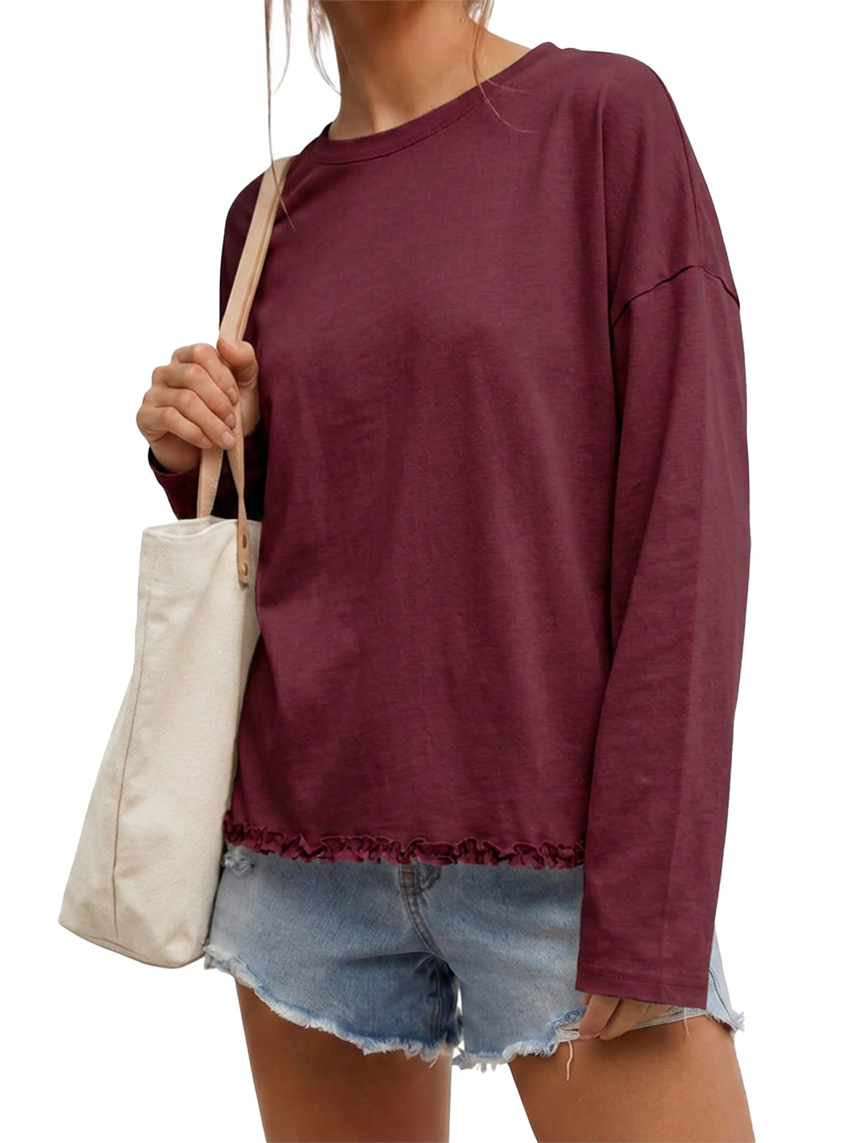 Womens Burgundy Oversized Ruffle Hem Tops | CicyBell