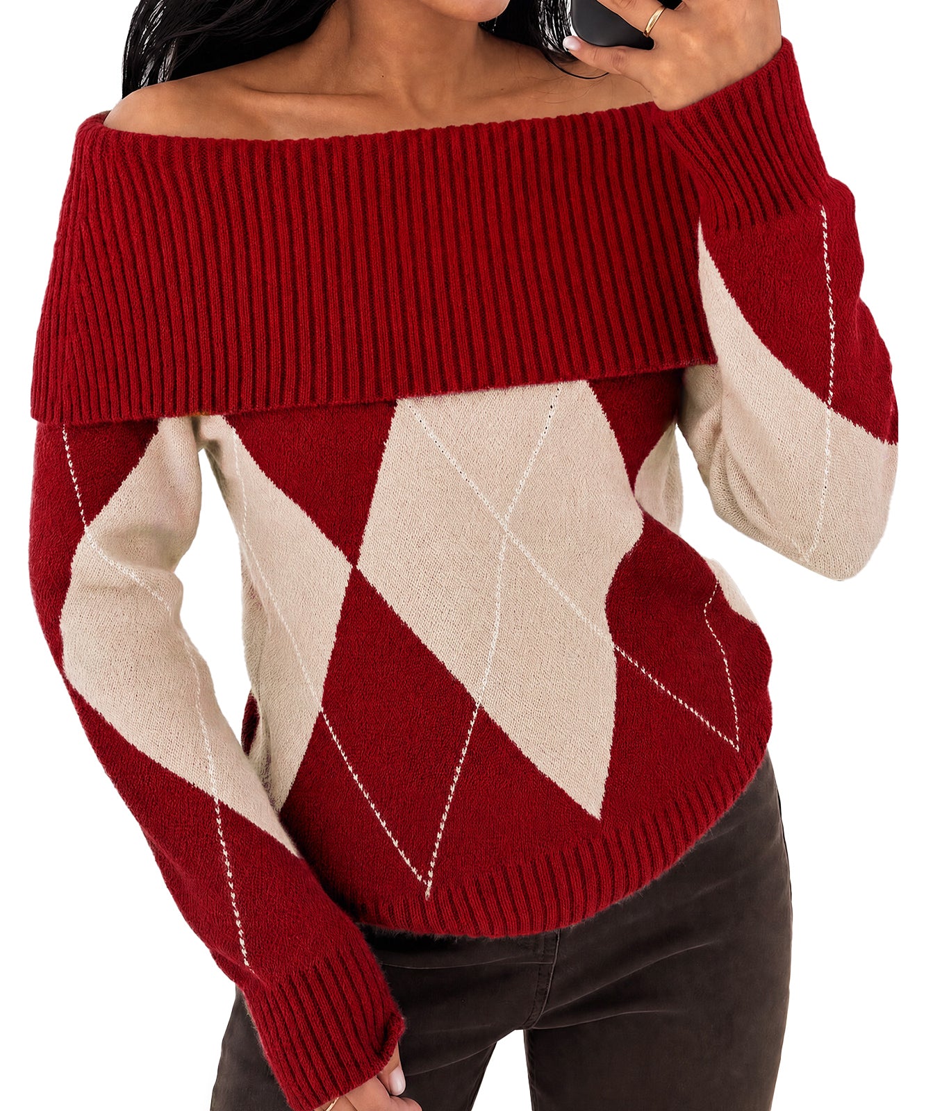Womens Burgundy Off the Shoulder Argyle Sweater | CicyBell