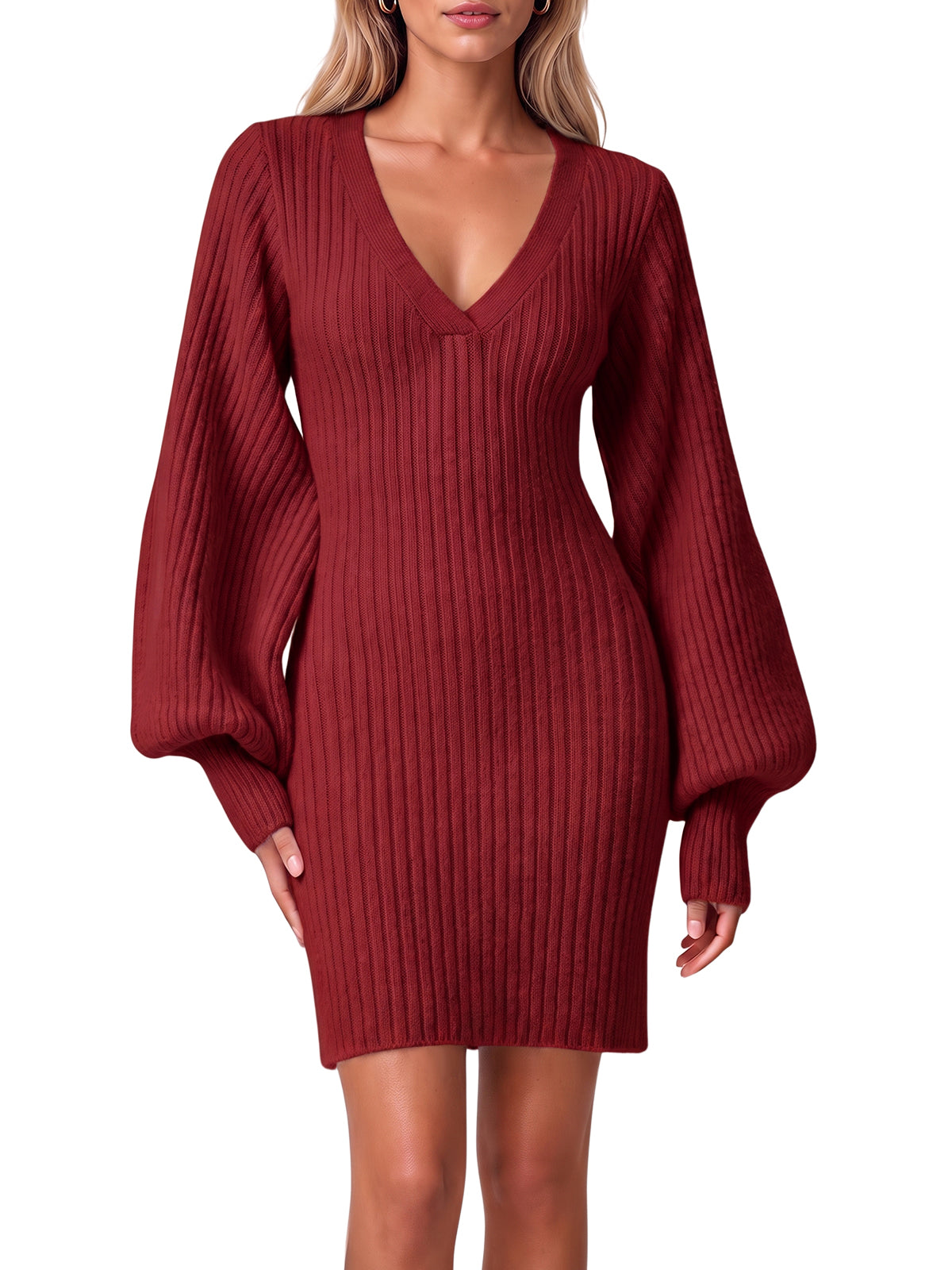 Women Puff Long Sleeve V Neck Knit Pullover Dress | Cicy Bell