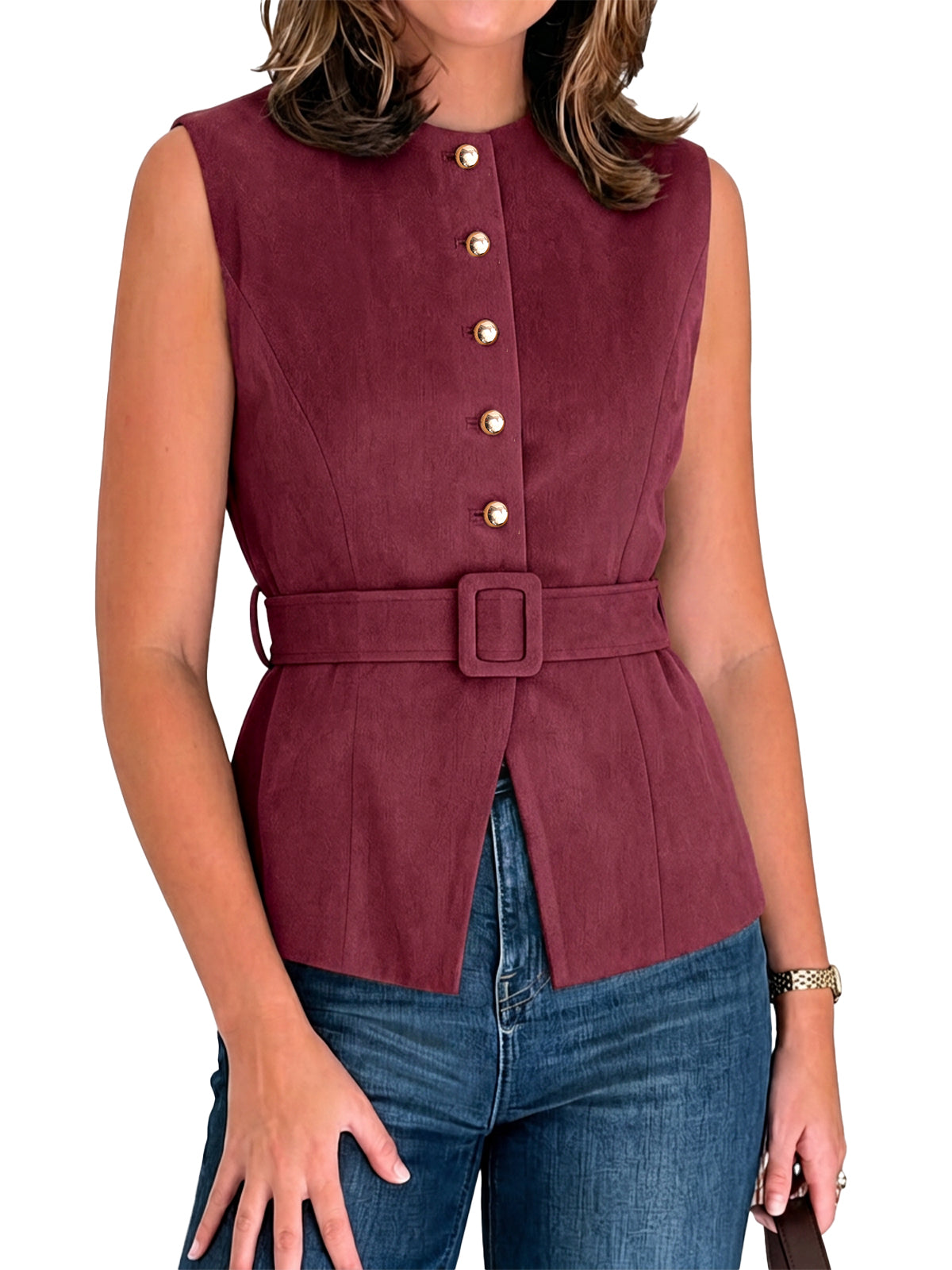 Womens Burgundy Suede Button Down Belted Vest | CicyBell