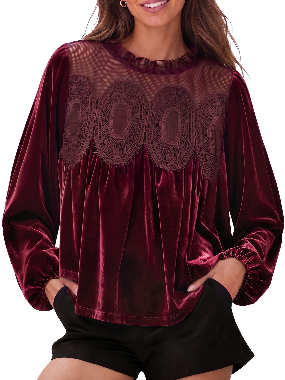 Womens Burgundy Velvet Babydoll Tops | CicyBell
