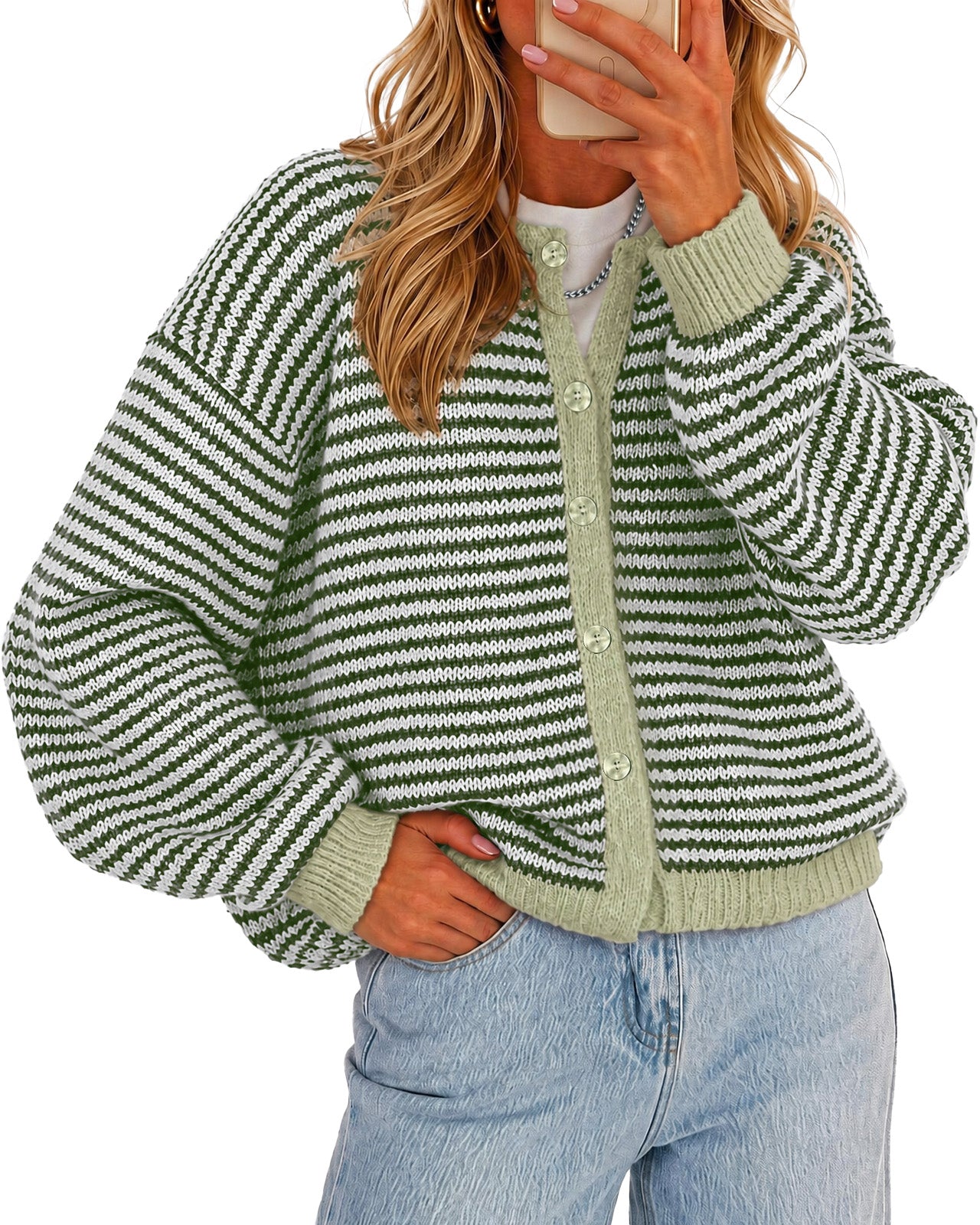 Womens Army Green Striped Cardigan Sweaters | CicyBell