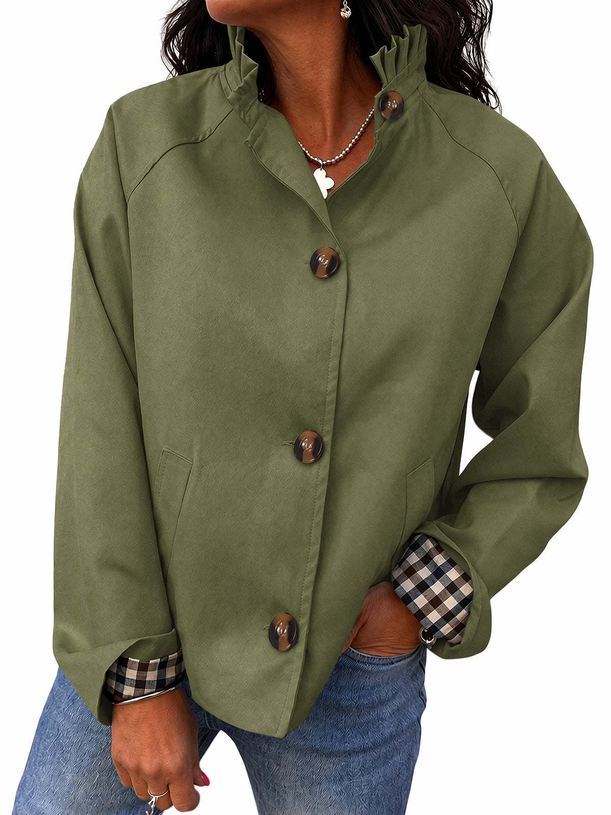 Womens Army Green Ruffle Short Trench Coat | CicyBell