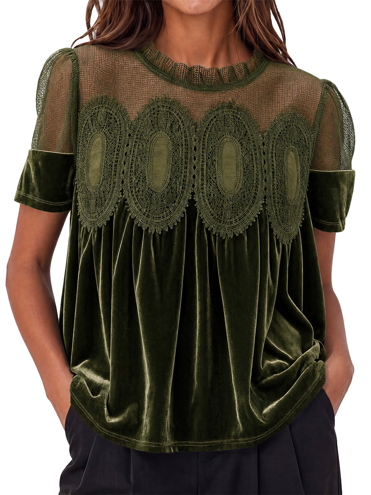 Womens Army Green Velvet Lace Tops | CicyBell