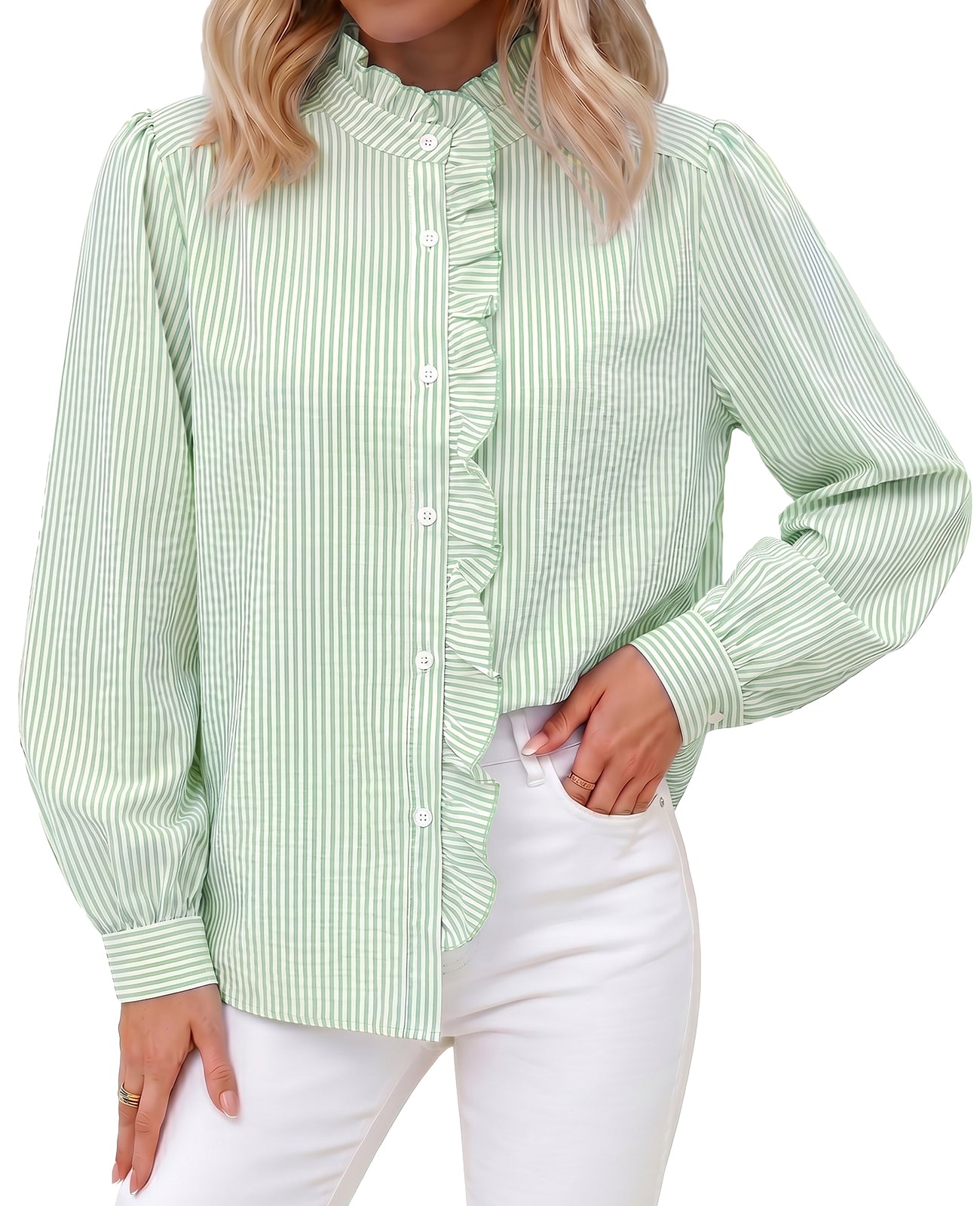Womens Army Green Ruffle Striped Button Down Shirts | CicyBell