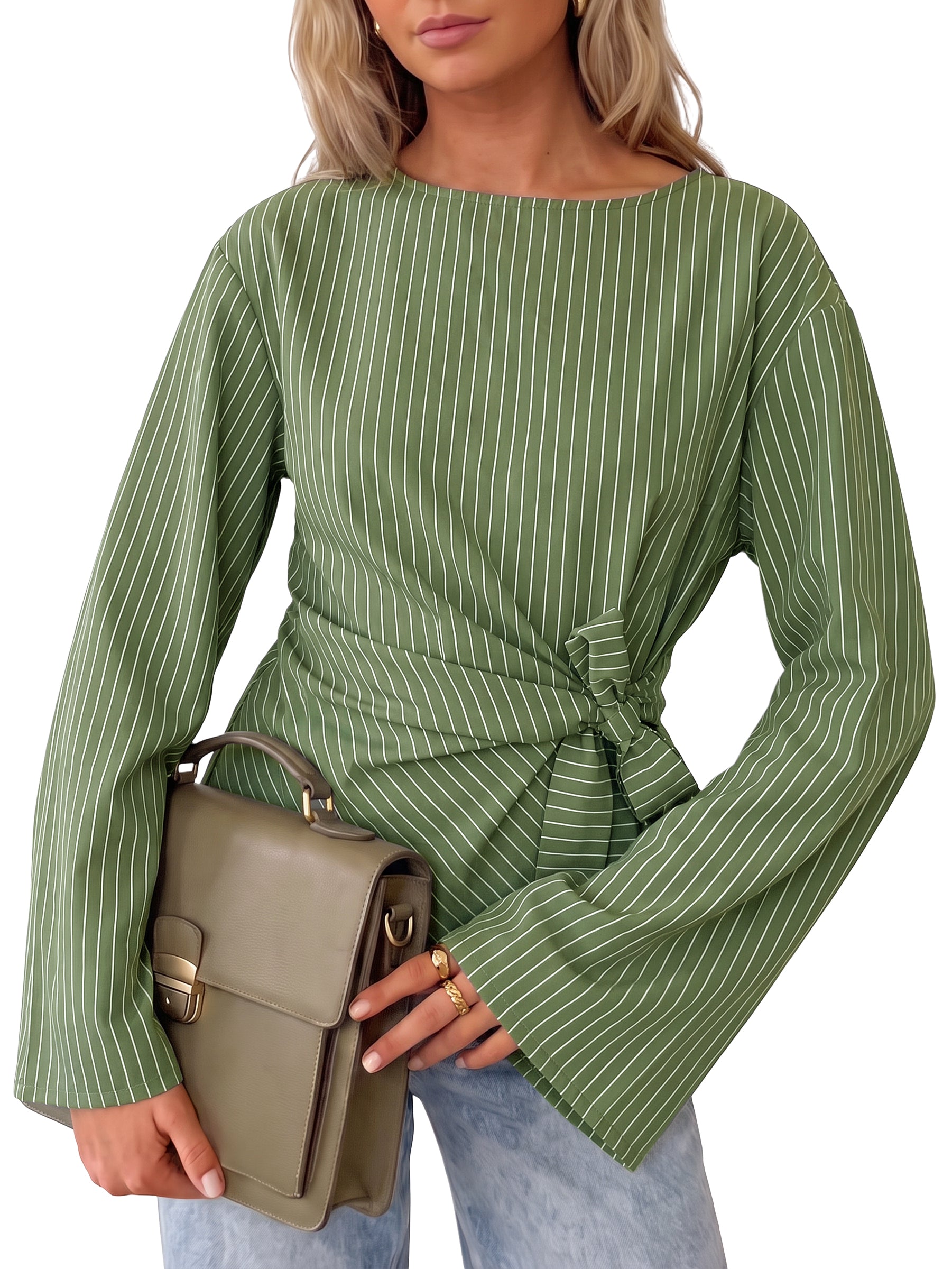 Womens Army Green Cinched Waist Wrap Tops | CicyBell