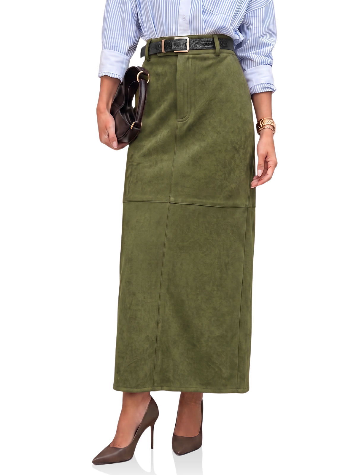 Womens Army Green Suede Maxi Skirt | CicyBell
