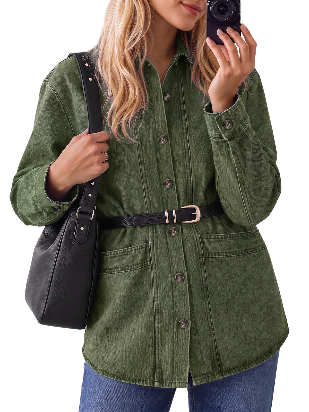 Womens Army Green Button Down Denim Jacket | CicyBell