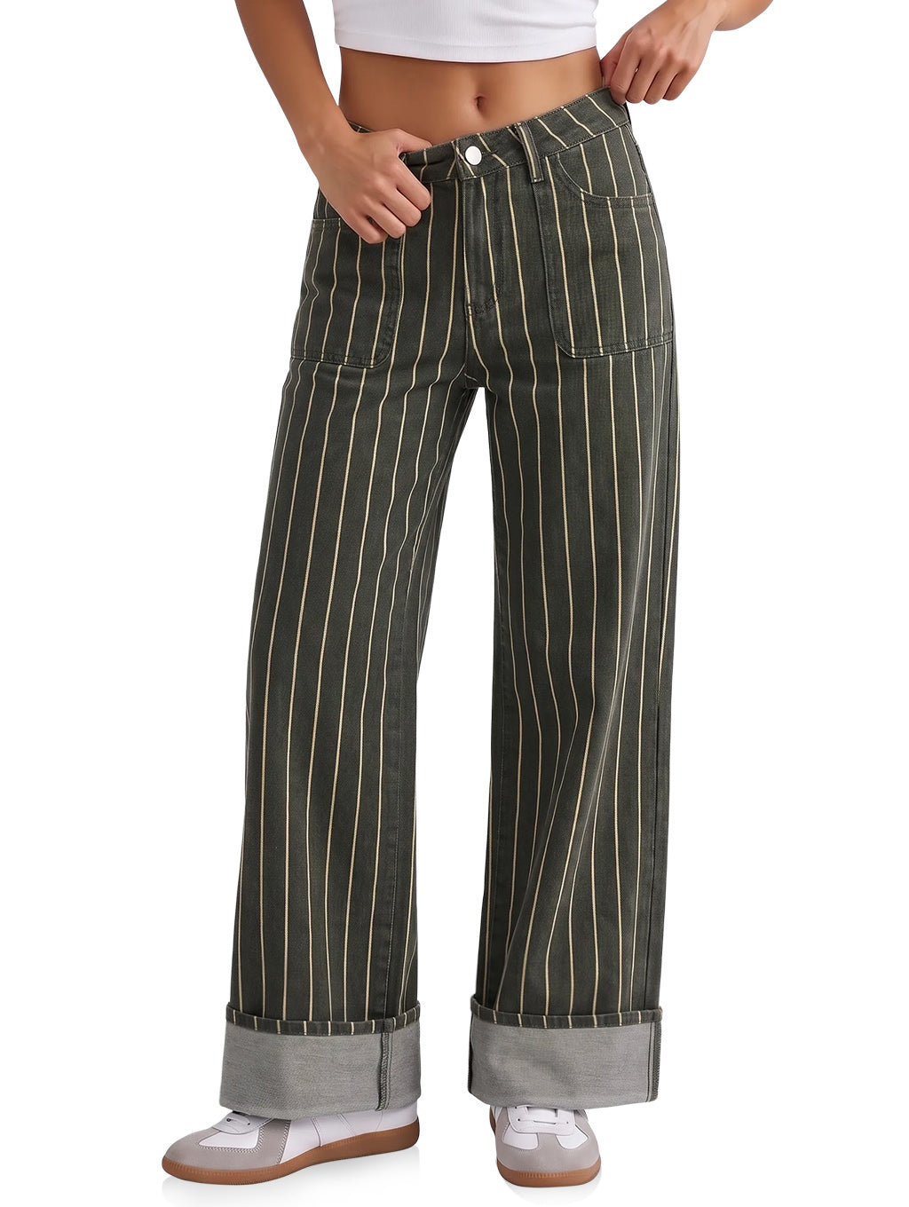 Womens Army Green Striped Wide Leg Jeans | CicyBell