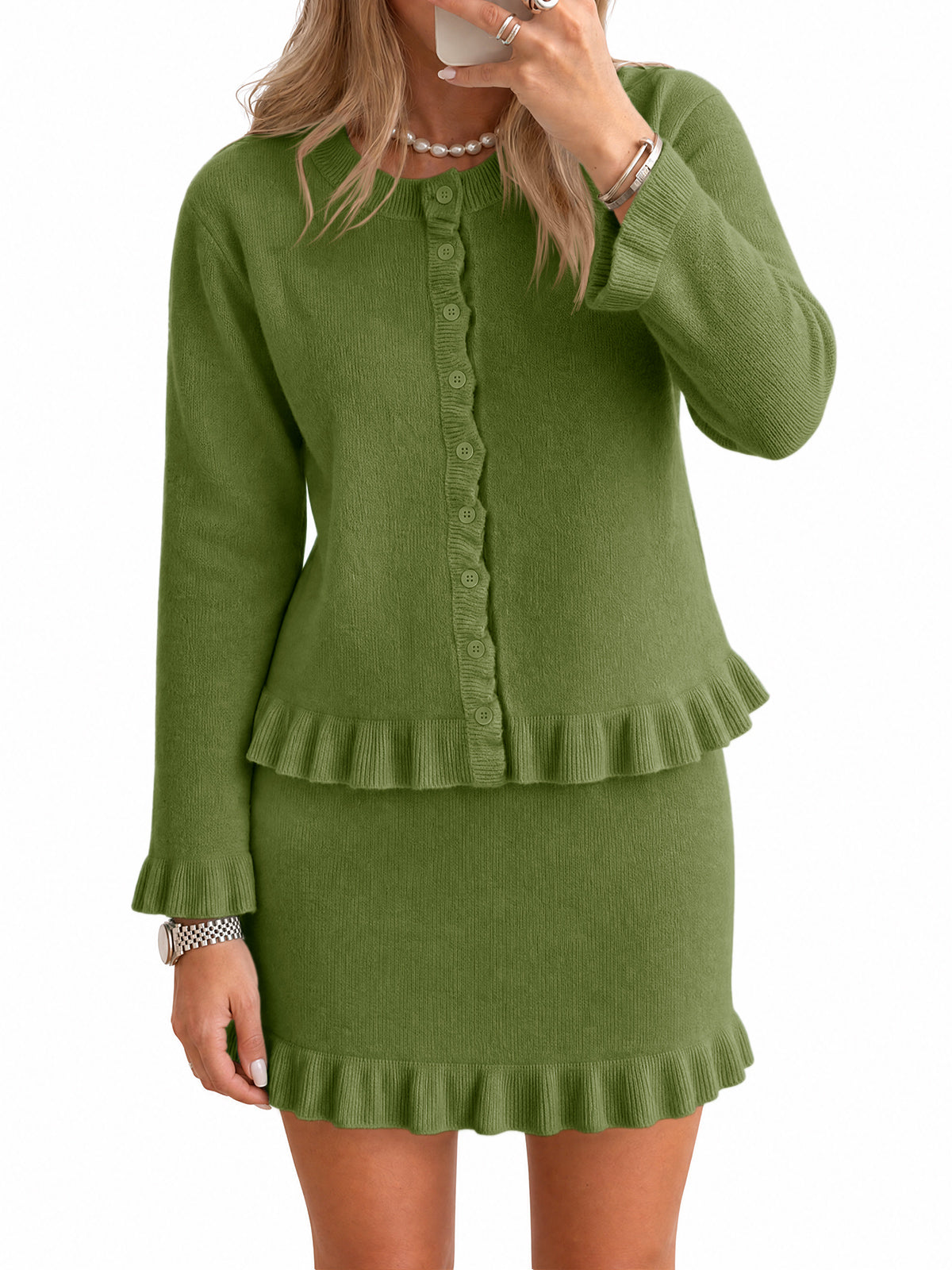 Womens Army Green 2 Piece Sweater Skirt Set | CicyBell
