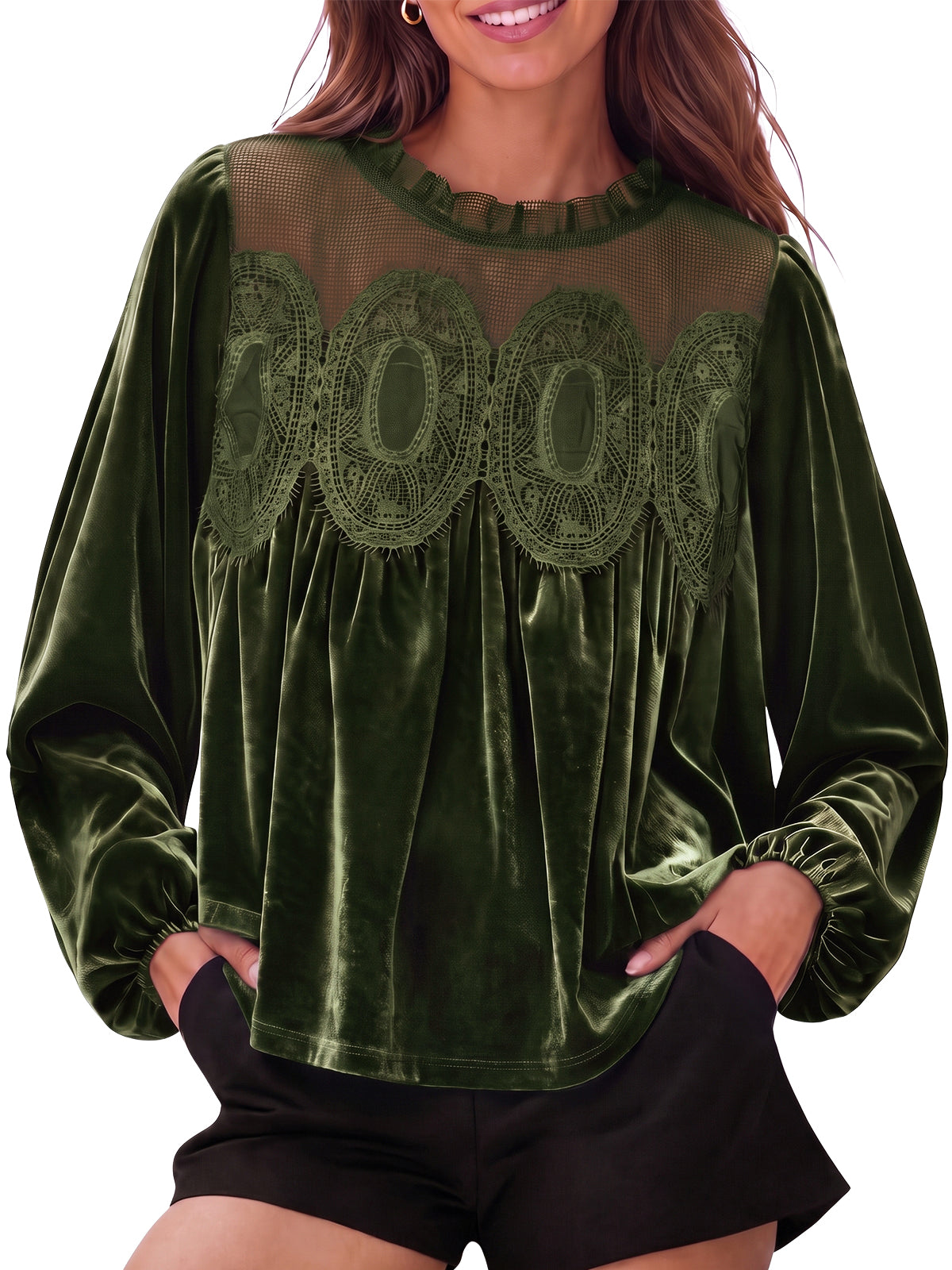 Womens Army Green Velvet Babydoll Tops | CicyBell