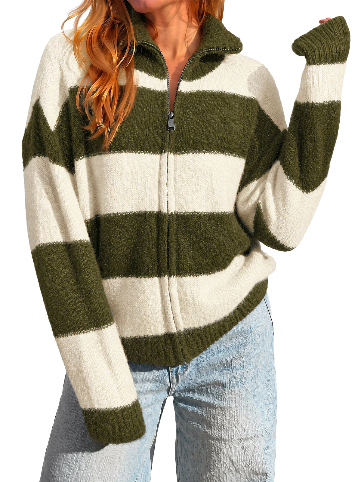 Women Army Green Striped Color Block Cardigan | CicyBell