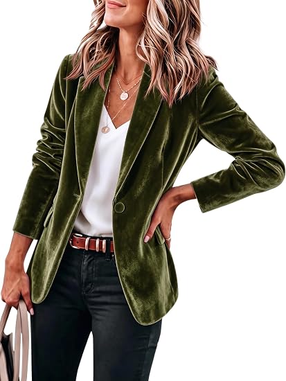 Womens Army Green Casual Velvet Blazer | CicyBell