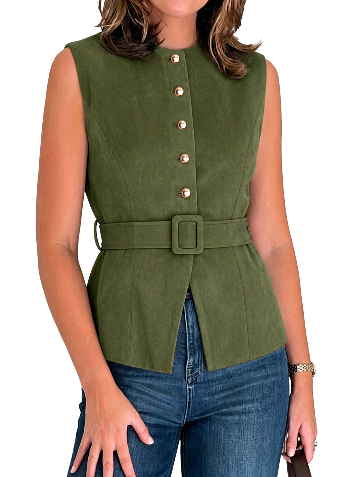 Womens Army Green Suede Button Down Belted Vest | CicyBell
