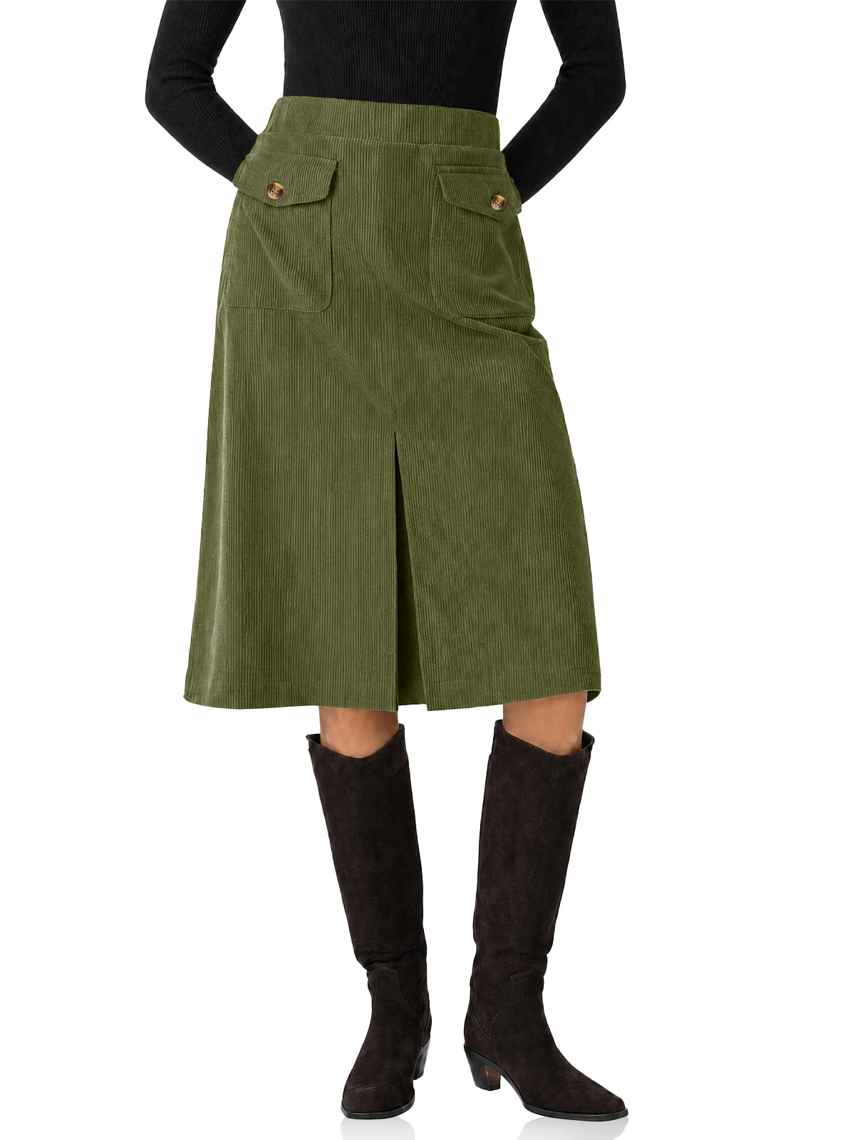 Womens Army Green Corduroy Midi Skirt | CicyBell