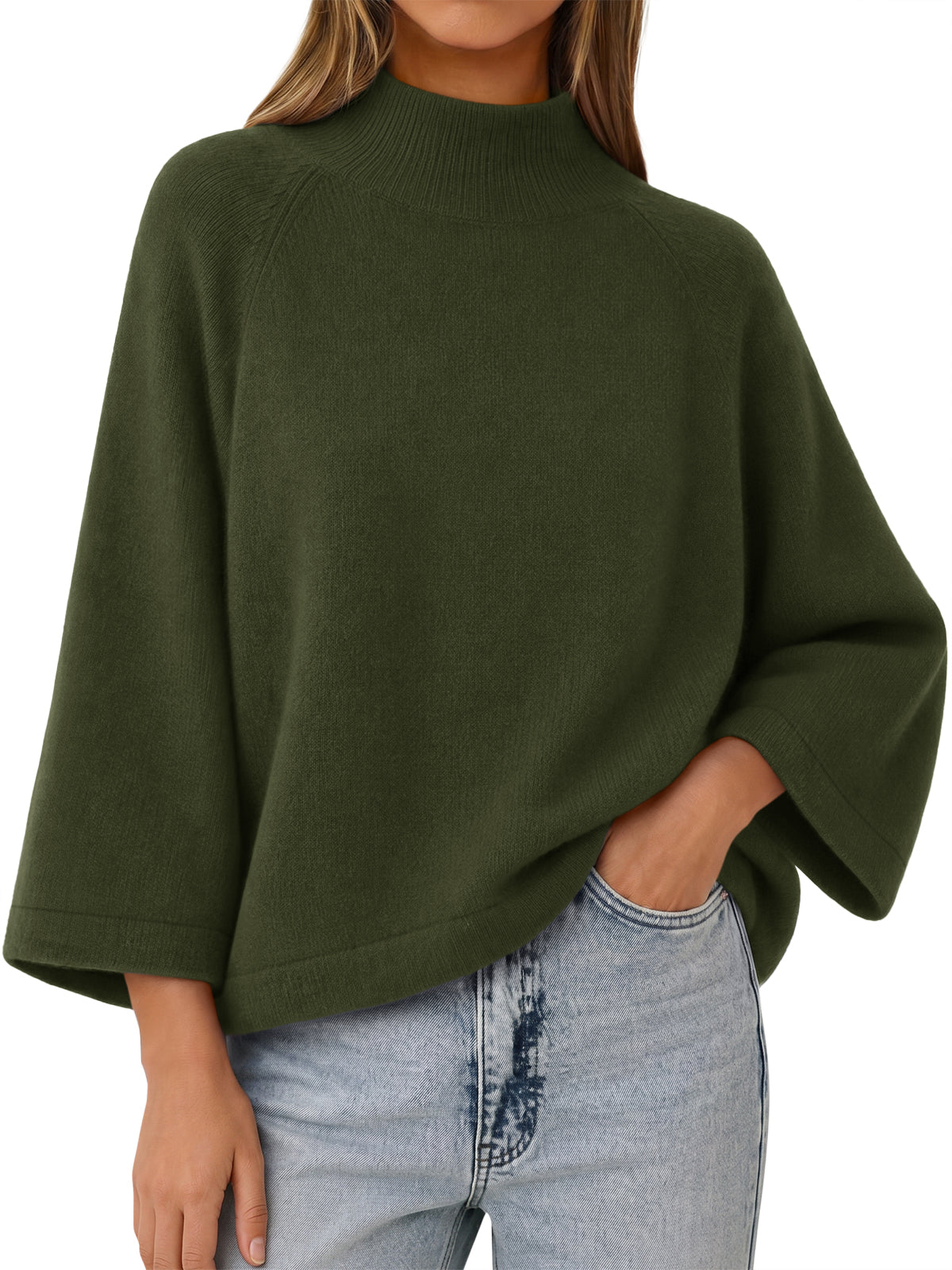 Womens Army Green 3/4 Sleeve Knit Sweater | CicyBell