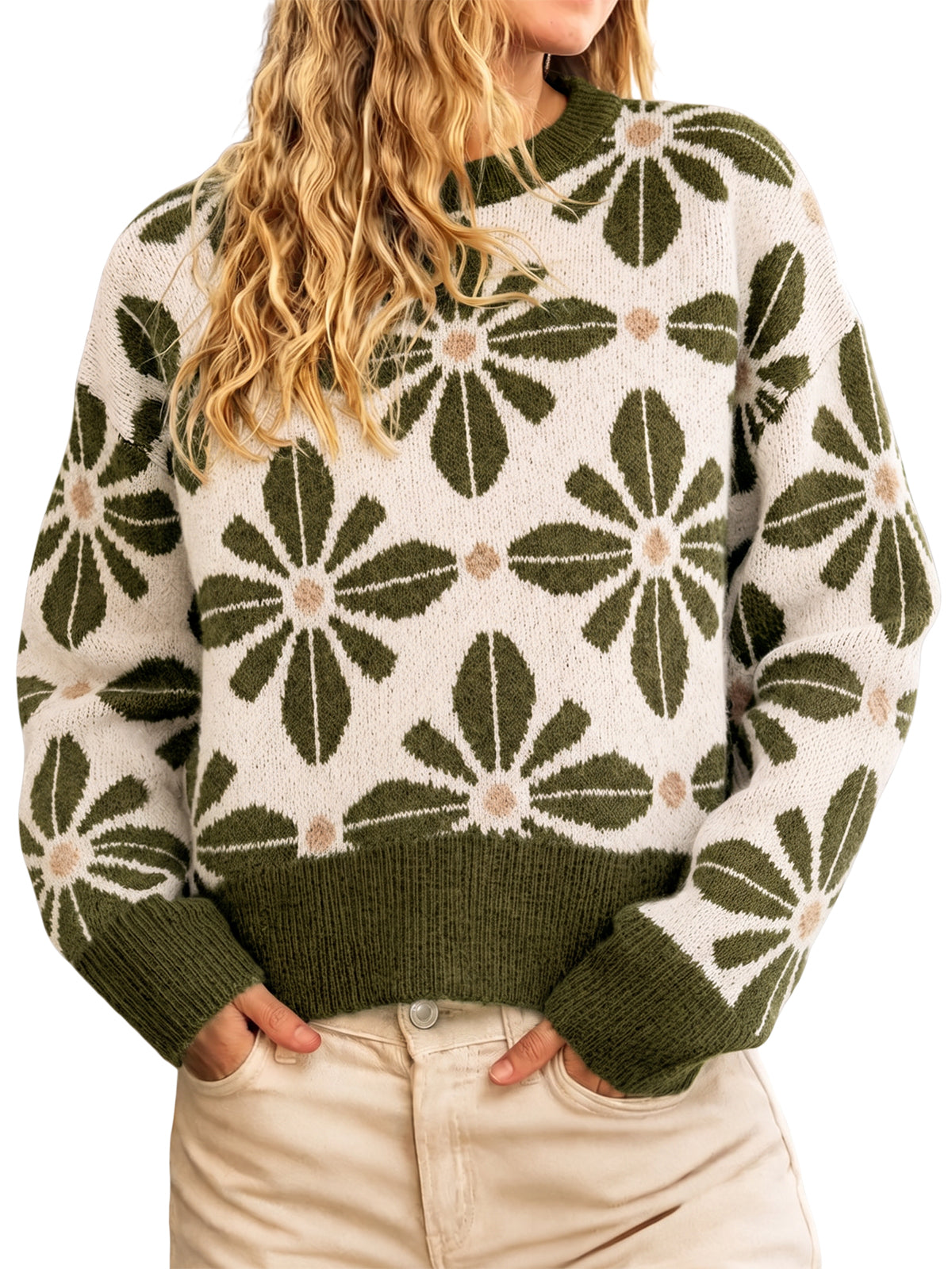 Womens Army Green Long Sleeve Floral Sweater | CicyBell