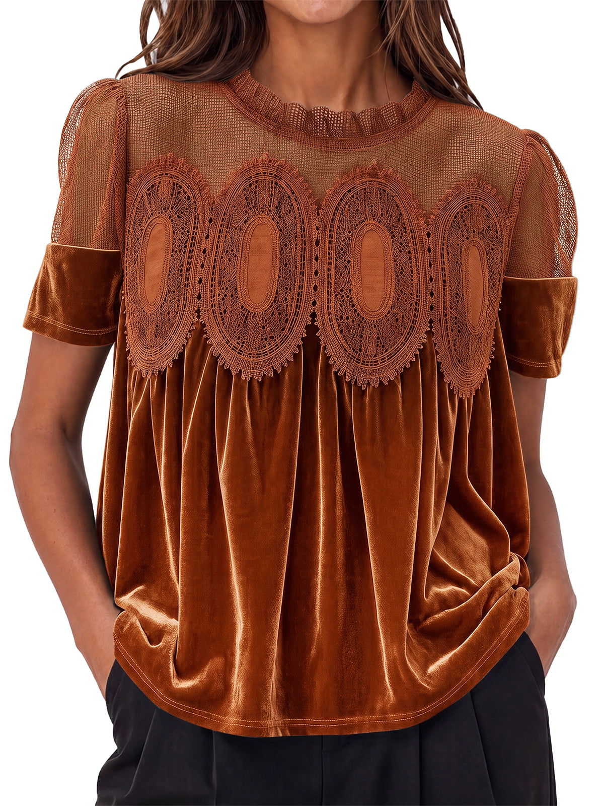 Womens Caramel Velvet Lace Tops | CicyBell
