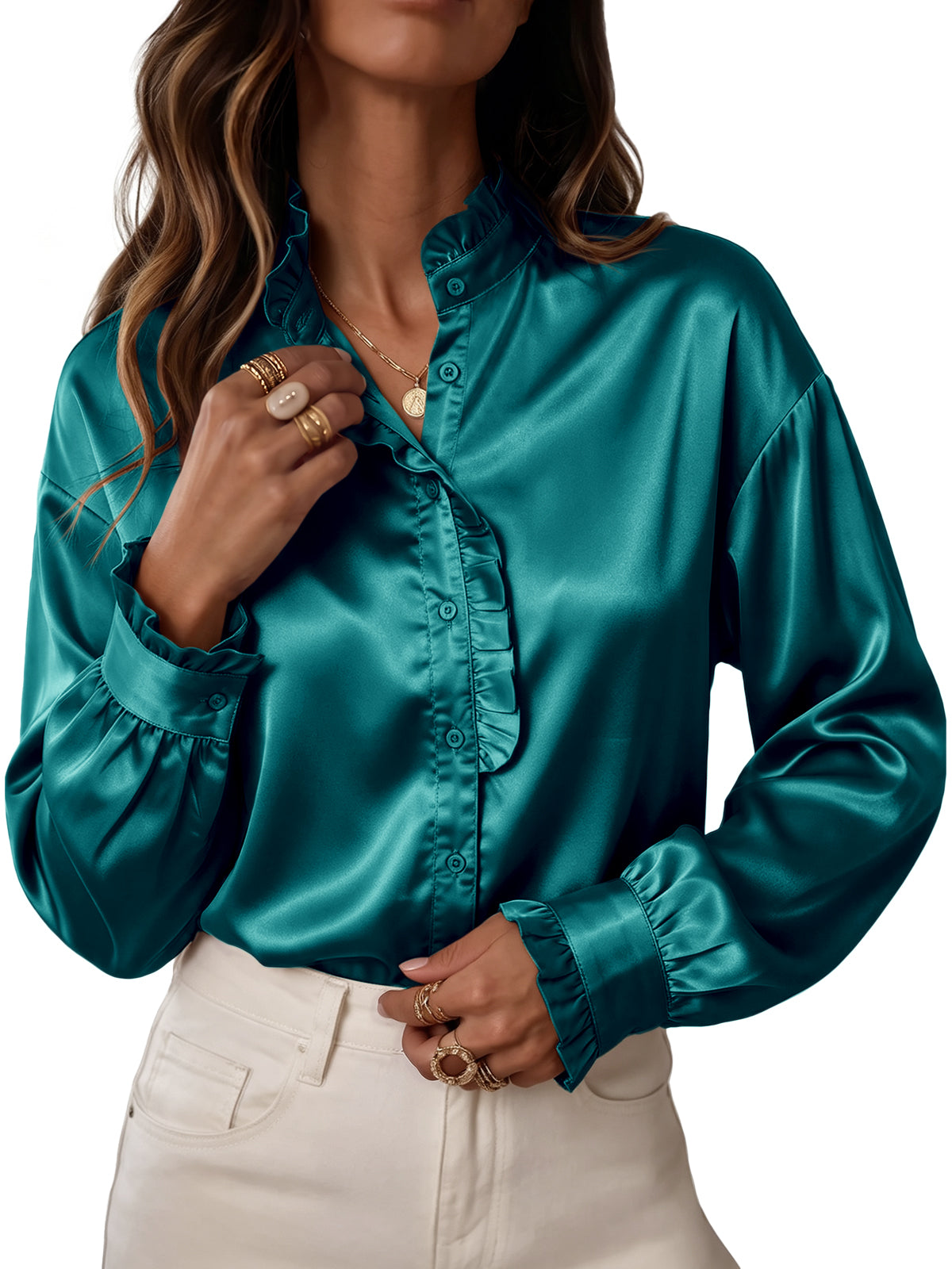 Womens Peacock Green Satin Button Down Shirts | CicyBell