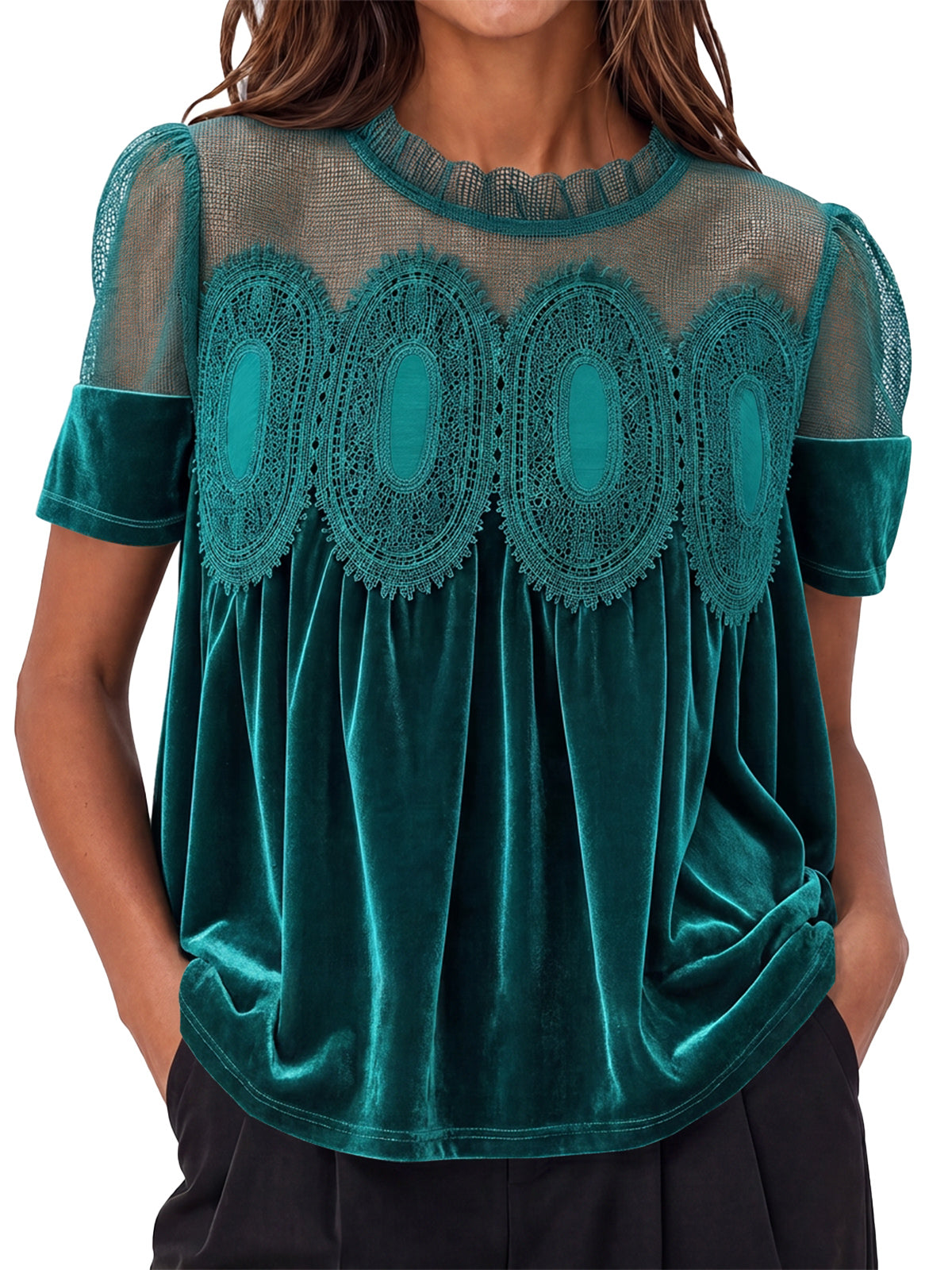 Womens Peacock Green Velvet Lace Tops | CicyBell