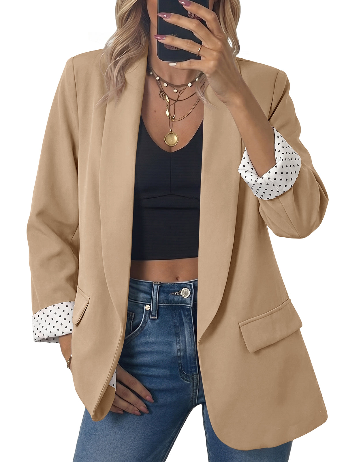 Womens Polka Dots Khaki Business Casual Blazer | CicyBell