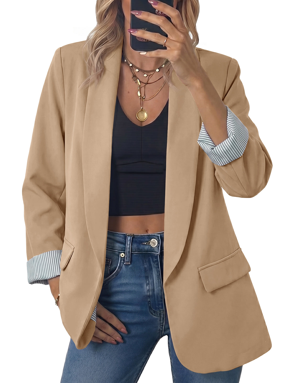 Womens Striped Khaki Business Casual Blazer | CicyBell