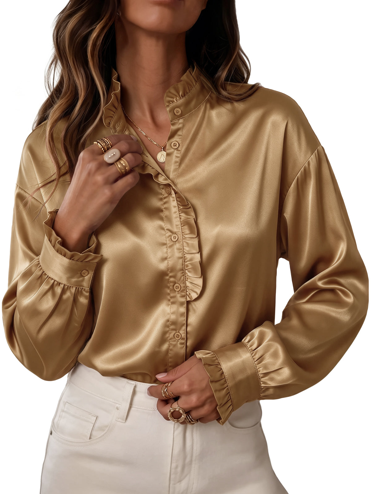 Womens Khaki Satin Button Down Shirts | CicyBell
