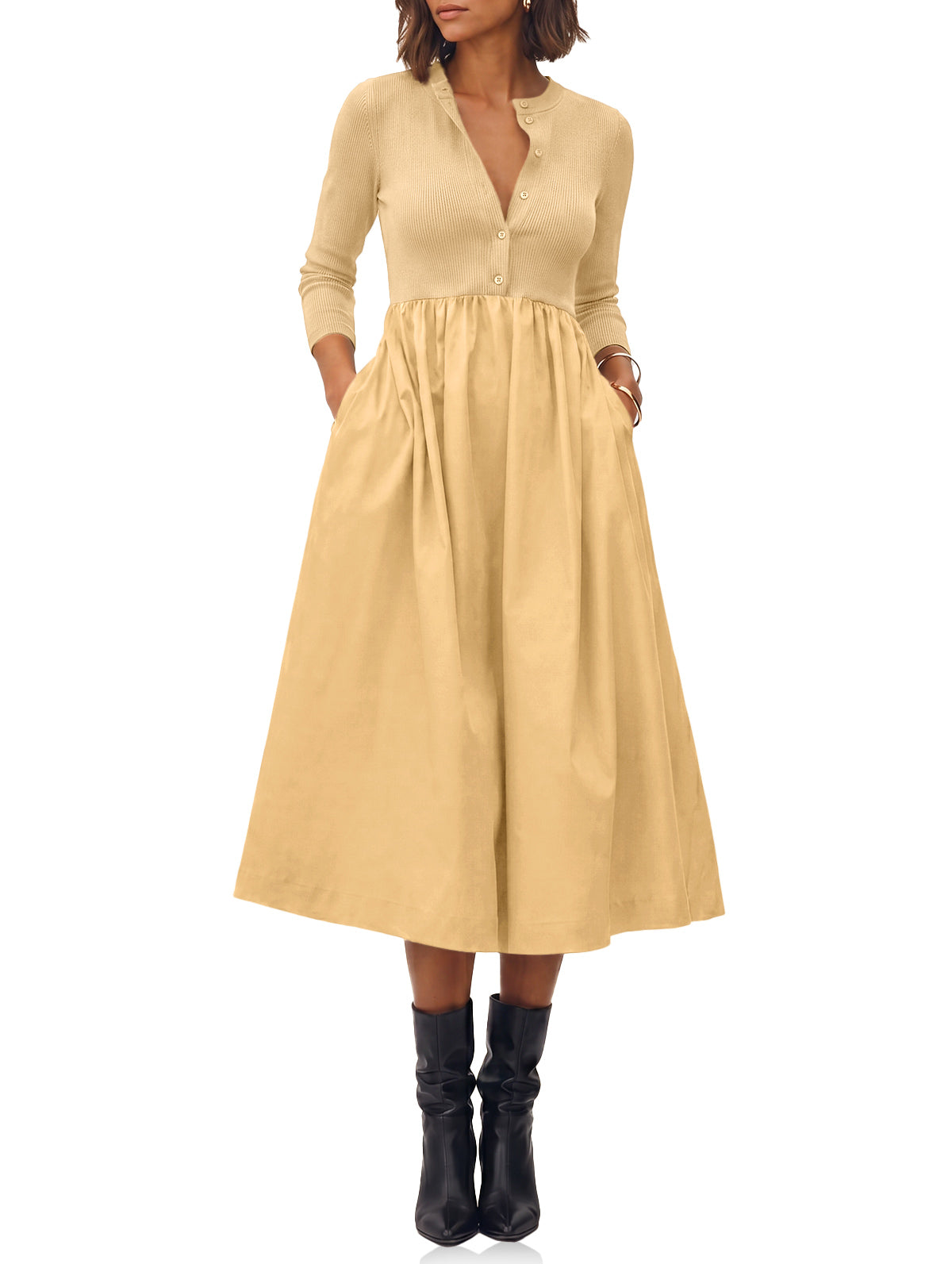 Womens Light Khaki Long Sleeve A-Line Midi Dress| CicyBell