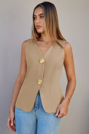 Cicy Bell Womens Khaki V Neck Vest Tops